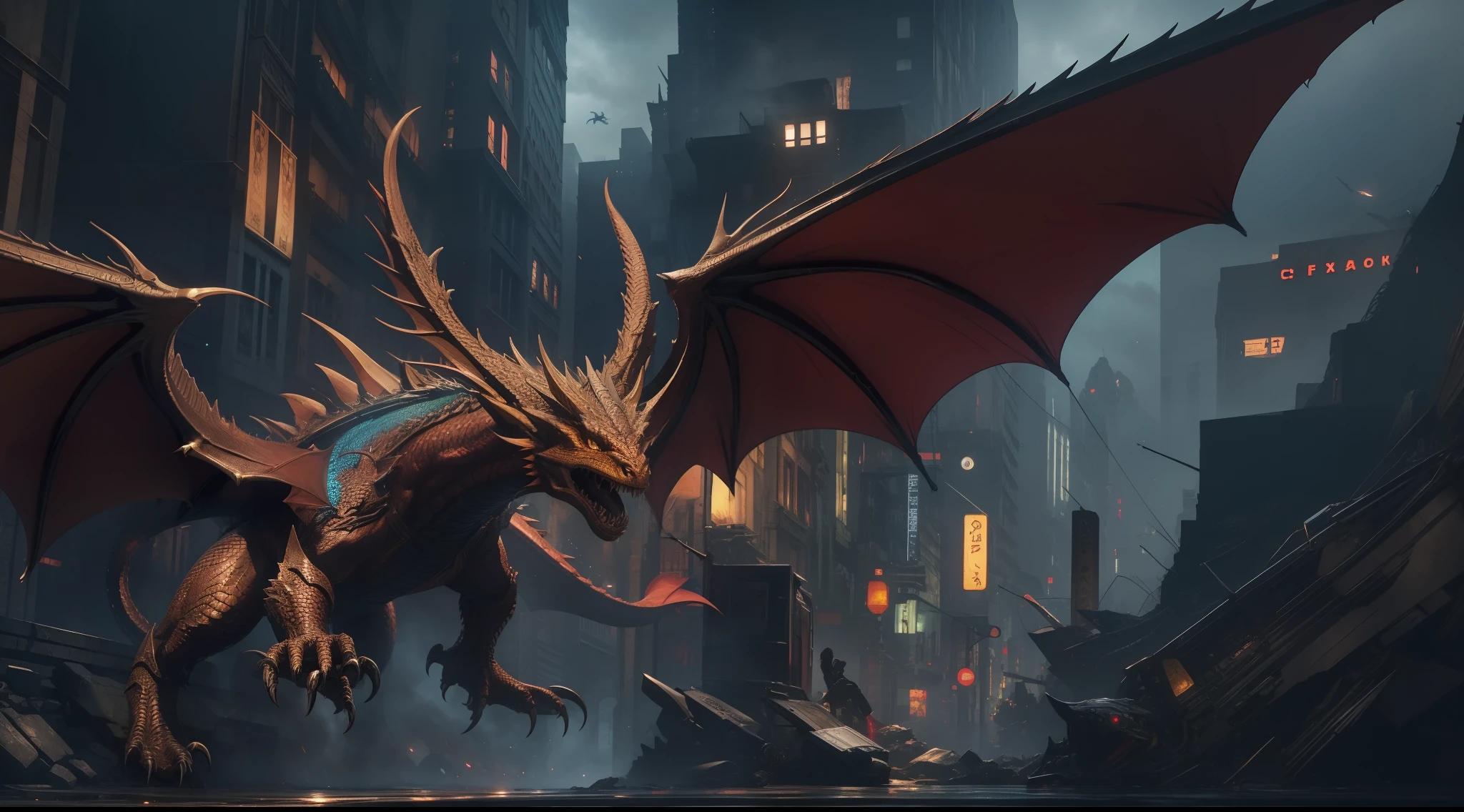 dragon Smaug, two wings, no deformity, with cybernetic enhancements, Lord of the Rings, J.R.R. Tolkien, cyberpunk city background, vibrant, photorealistic, hyperrealism, strong impressionist painting style, 1,618, elegant, ethereal, intricate, elaborate, hyper-realism, hyper-detailed, strong expressiveness and emotionality, cinematic lighting, visual clarity