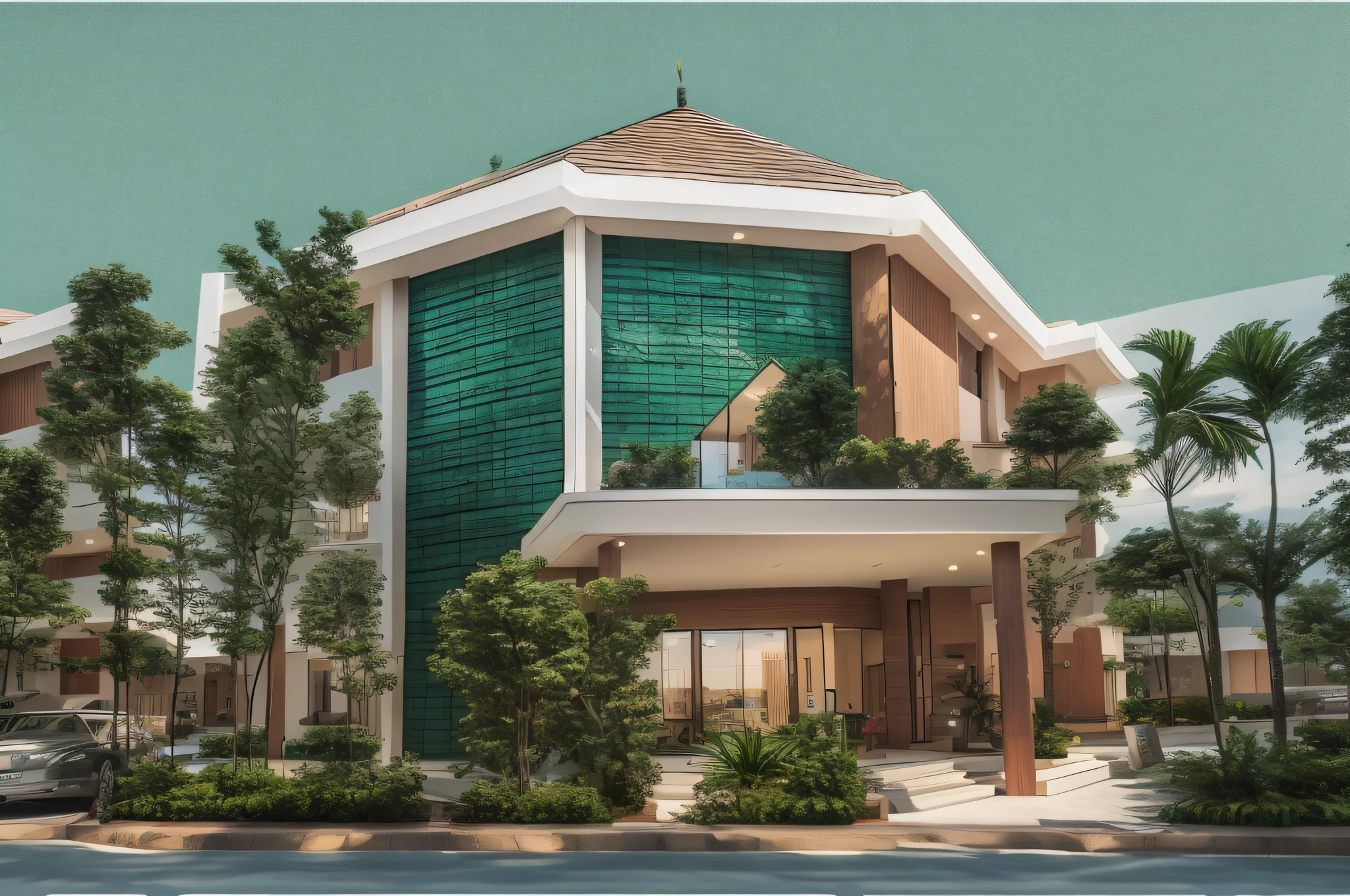 there is a green building with a sign that says rektorat, frontview, front view, arsitektur nusantara, front side, front-view, front side view, restored, exterior view, frontal picture, front, protrait, desrt, batik, detailed picture, oktane, exterior shot, by I Ketut Soki