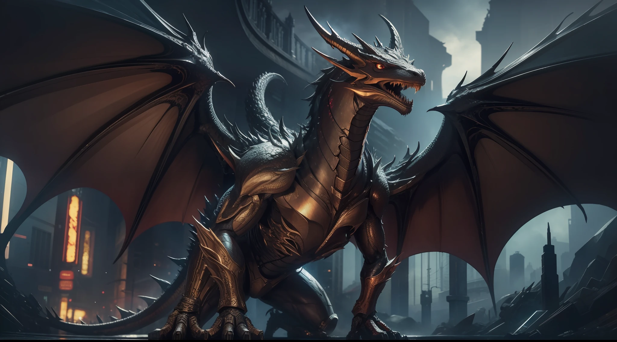 dragon Smaug, two wings, no deformity, with cybernetic enhancements, Lord of the Rings, J.R.R. Tolkien, cyberpunk city background, vibrant, photorealistic, hyperrealism, strong impressionist painting style, 1,618, elegant, ethereal, intricate, elaborate, hyper-realism, hyper-detailed, strong expressiveness and emotionality, cinematic lighting, visual clarity