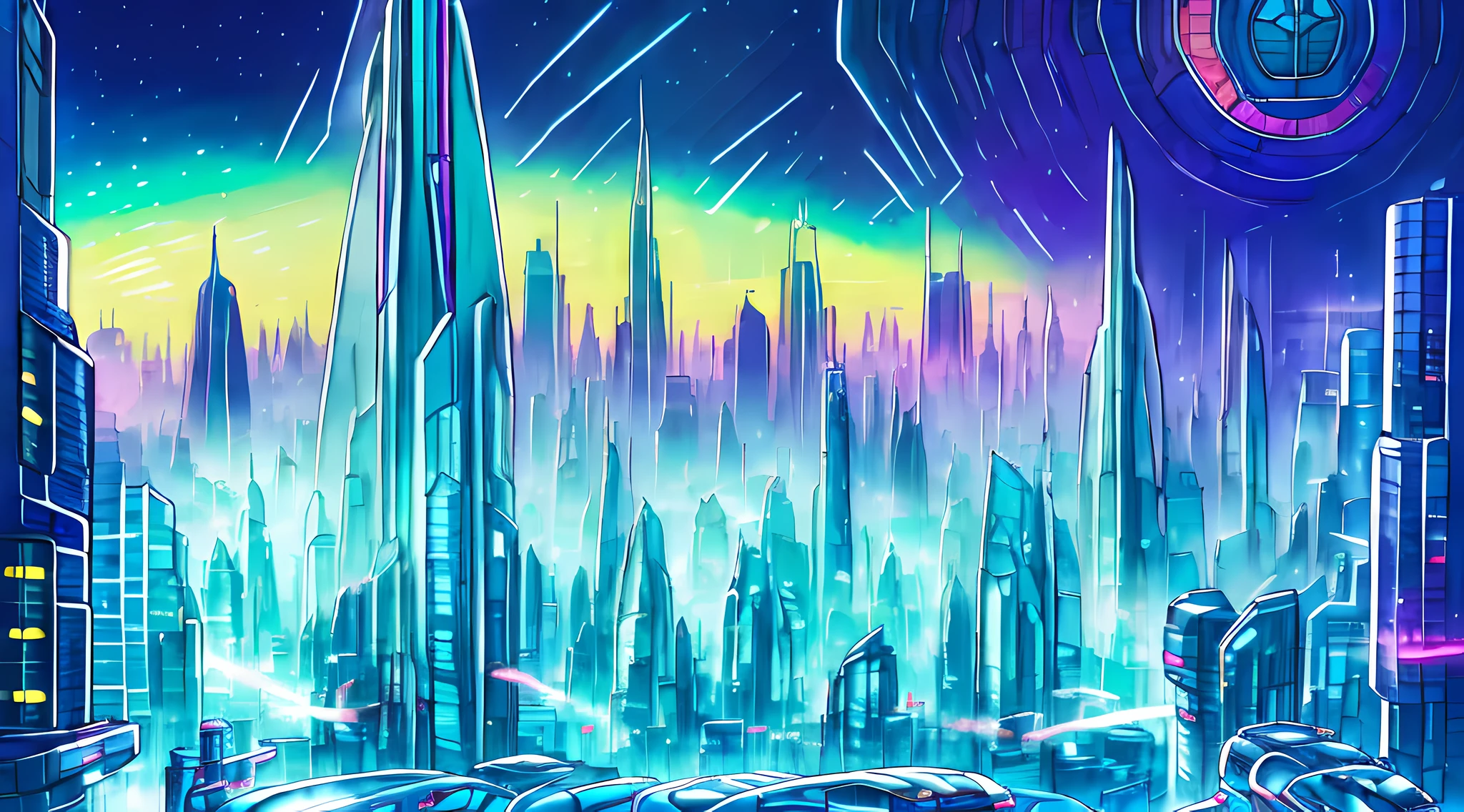 An oil painting of a futuristic cityscape, with towering skyscrapers and flying vehicles filling the frame. The colors are bright and vibrant, with shades of blue, green, and purple dominating the scene. In the foreground, a group of people can be seen walking towards a giant, glowing pyramid.