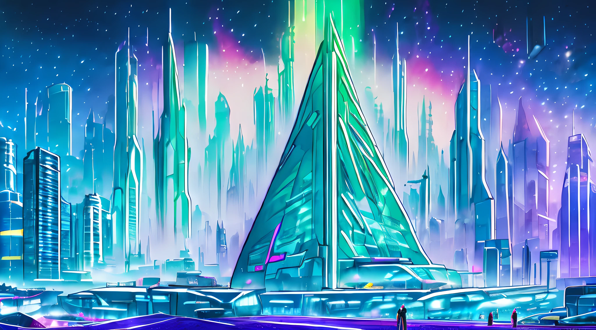 An oil painting of a futuristic cityscape, with towering skyscrapers and flying vehicles filling the frame. The colors are bright and vibrant, with shades of blue, green, and purple dominating the scene. In the foreground, a group of people can be seen walking towards a giant, glowing pyramid.