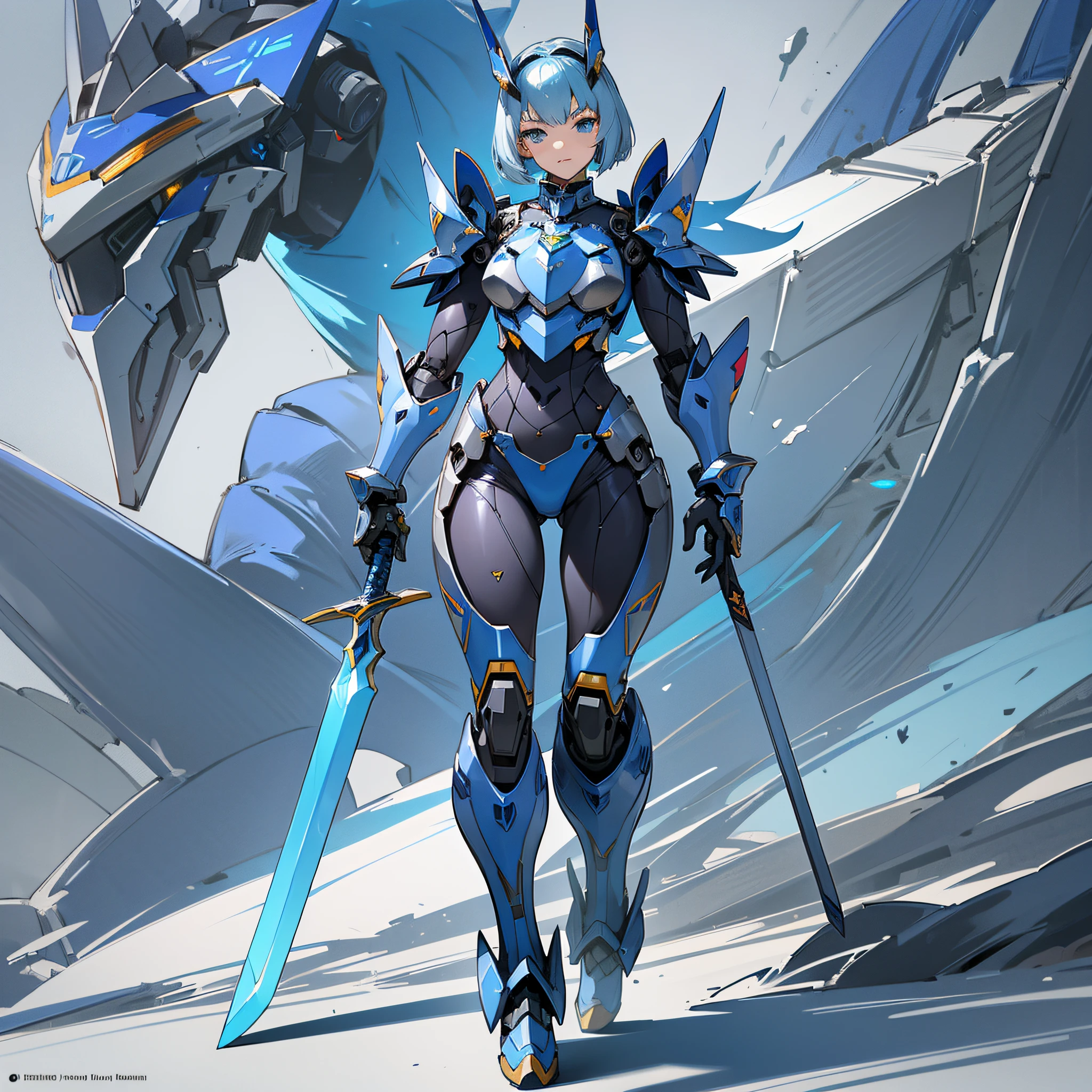 Blue paint, close-up portrait of a person in costume with a sword, cyber japan style armor, cyber japan armor, guyver style, girl in armor, monster hunter armor, full body mecha suit, perfect anime cyborg woman, cyborg noble woman, mecha cyber armor girl, detailed full body concept, female armor, anime character. Full Body Art --auto --s2