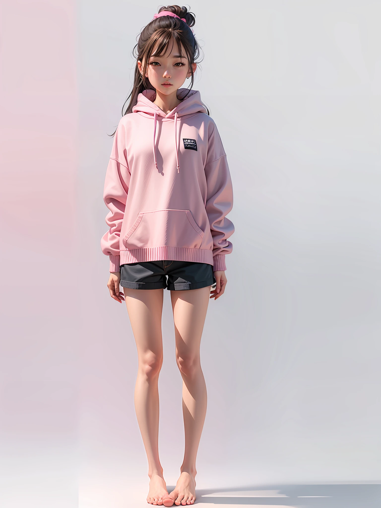 drawing of a girl in a pink sweater and black shorts, barefoot ((detailed feet, perfect feet)), pink girl, full body illustration anime, pink clothes, urban girl fanart, by Oka Yasutomo, full body illustration, aya takano color style, anime style, by Yasutomo Oka, wearing a pink sweatshirt, inspired by Miwa Komatsu, some pink portrait,  full body of a shorts!