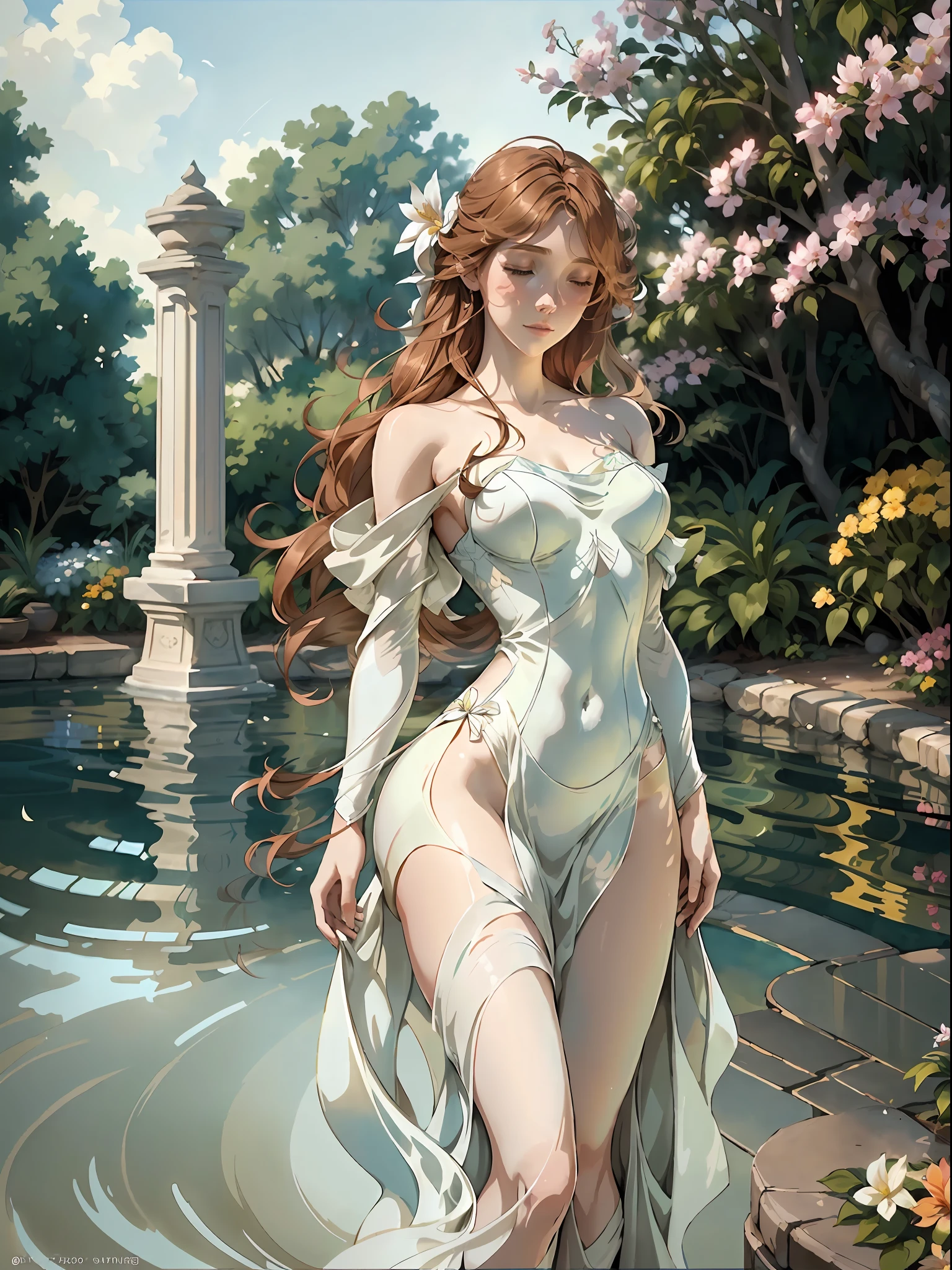 An artistic depiction of a serene scene by the poolside, featuring a beautiful Caucasian girl striking a pose. The girl's porcelain skin glows in the warm sunlight, her auburn hair flowing freely. She wears a flowing, ethereal white dress that dances with the wind. The pool area is adorned with elegant sculptures and colorful flowers, creating an atmosphere of sophistication and tranquility. The image is rendered in a dreamy watercolor style, with soft pastel hues and gentle brushstrokes that evoke a sense of calm and serenity.