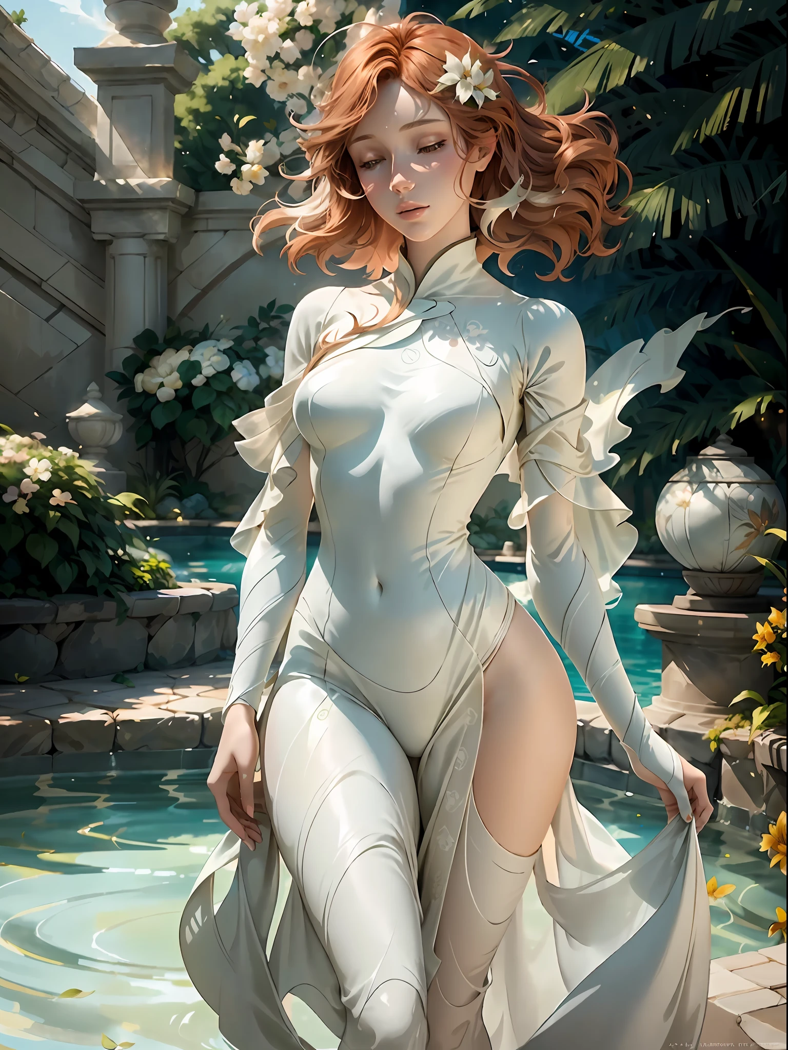 An artistic depiction of a serene scene by the poolside, featuring a beautiful Caucasian girl striking a pose. The girl's porcelain skin glows in the warm sunlight, her auburn hair flowing freely. She wears a flowing, ethereal white dress that dances with the wind. The pool area is adorned with elegant sculptures and colorful flowers, creating an atmosphere of sophistication and tranquility. The image is rendered in a dreamy watercolor style, with soft pastel hues and gentle brushstrokes that evoke a sense of calm and serenity.