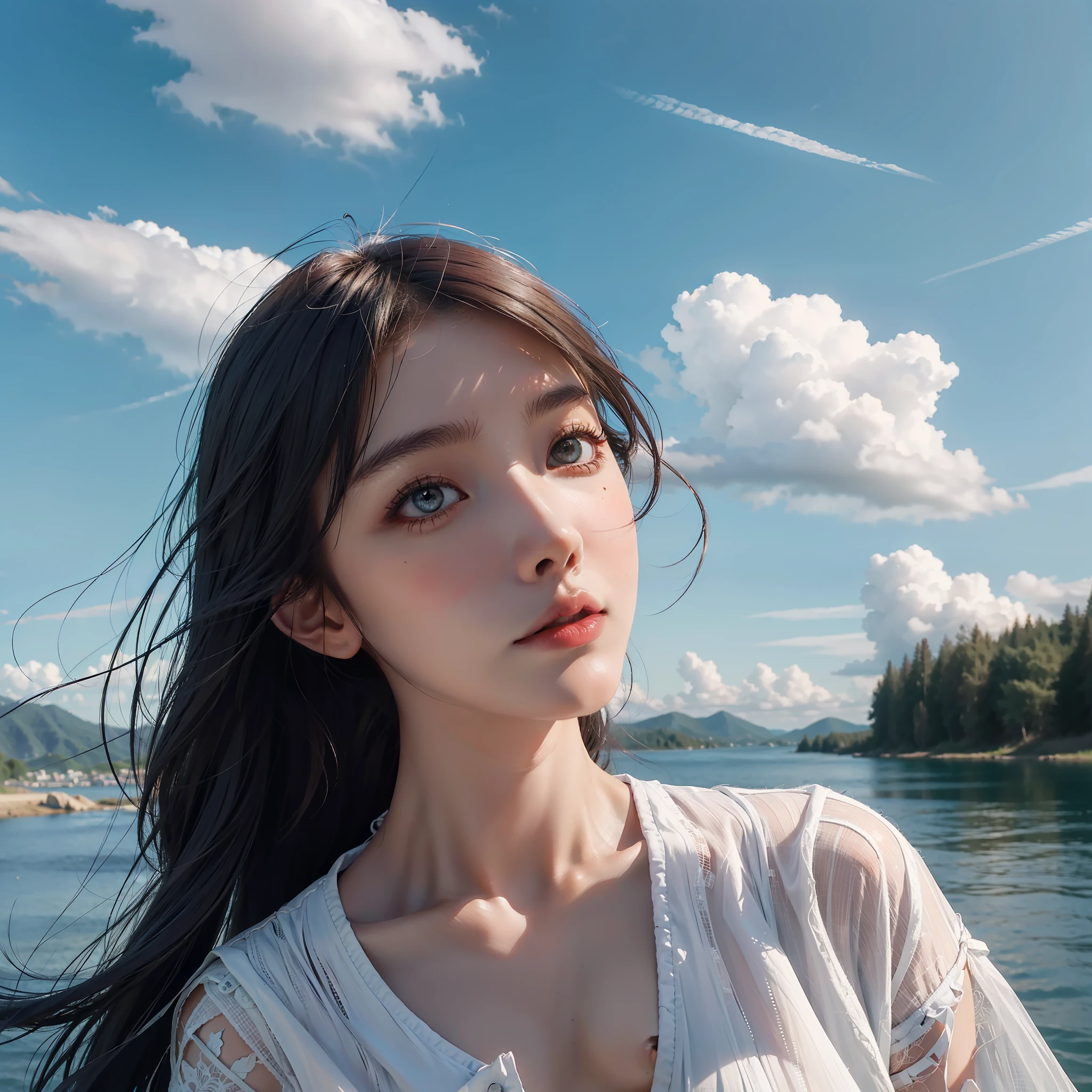 Best Quality, Masterpiece, Ultra High Resolution, 1080P, 1 Beautiful Girl, Beautiful Eyes and Face Details, Best Quality, 7 Doppelgangers, Riverside, Sunset, Perfect Figure, Depressed, Blue Sky, White Clouds, Deep Forest, Brightism