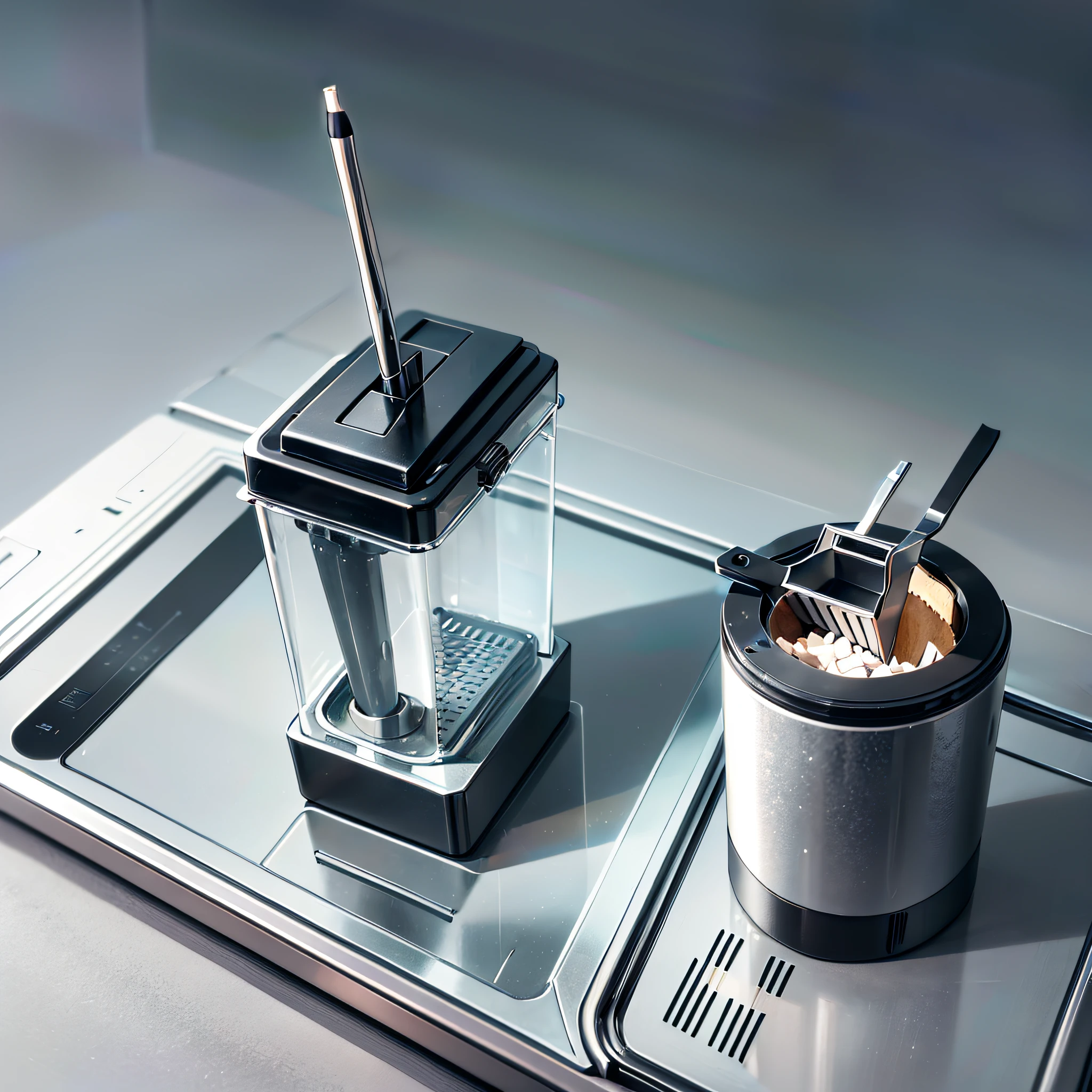 The pencil sharpener adopts a simple and modern style, with smooth lines, with a combination of light and dark tones, presenting a sense of fashion and technology. A touch switch is set on the front of the knife body to allow the user to control the sharpening function. The waste chip collection box has a translucent design to facilitate the observation of the amount of waste chips.