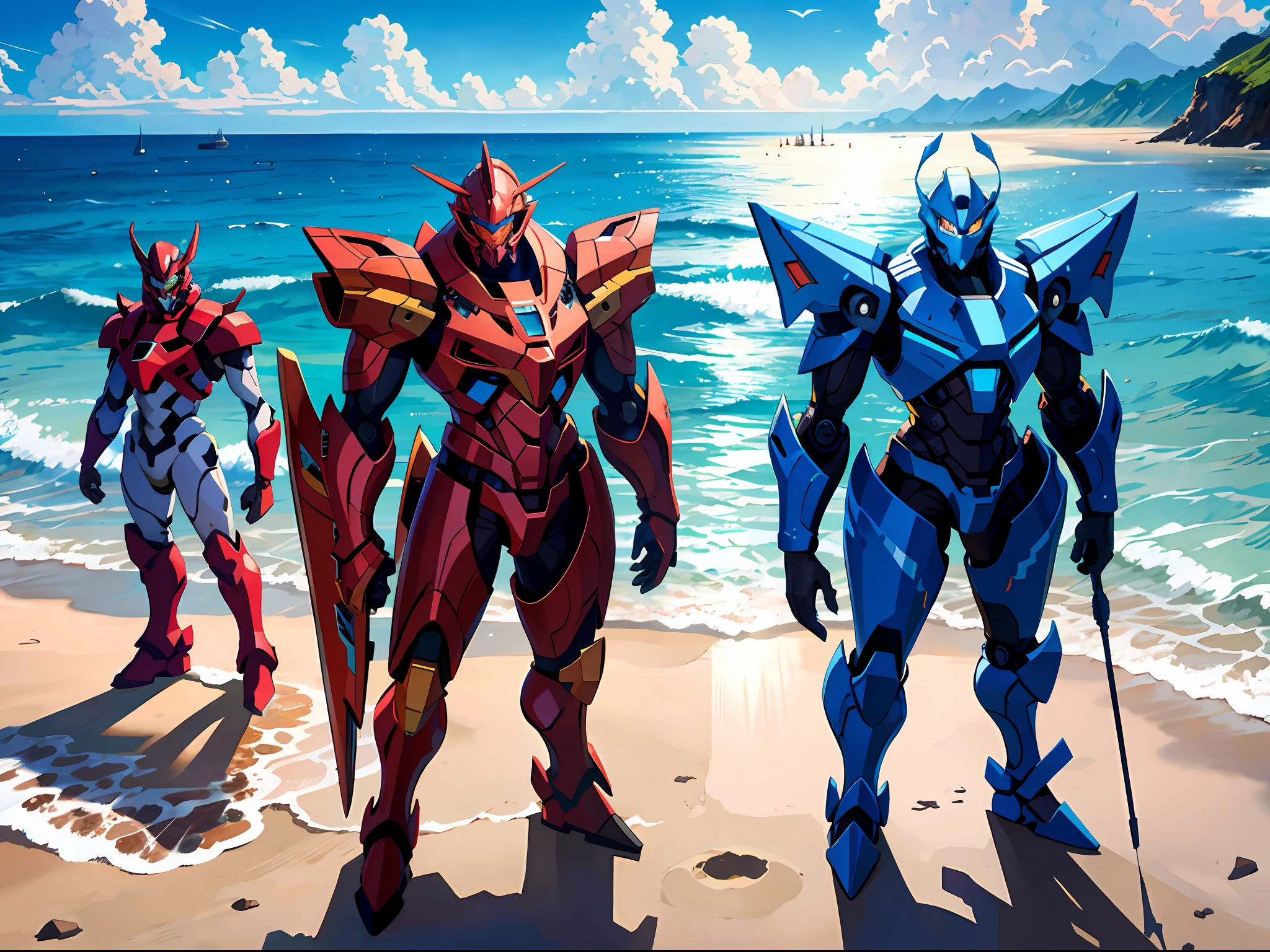 HD clear, best images, illustration quality, super detailed, between the sea and sky, three red mechs stand tall and mighty on the beach.