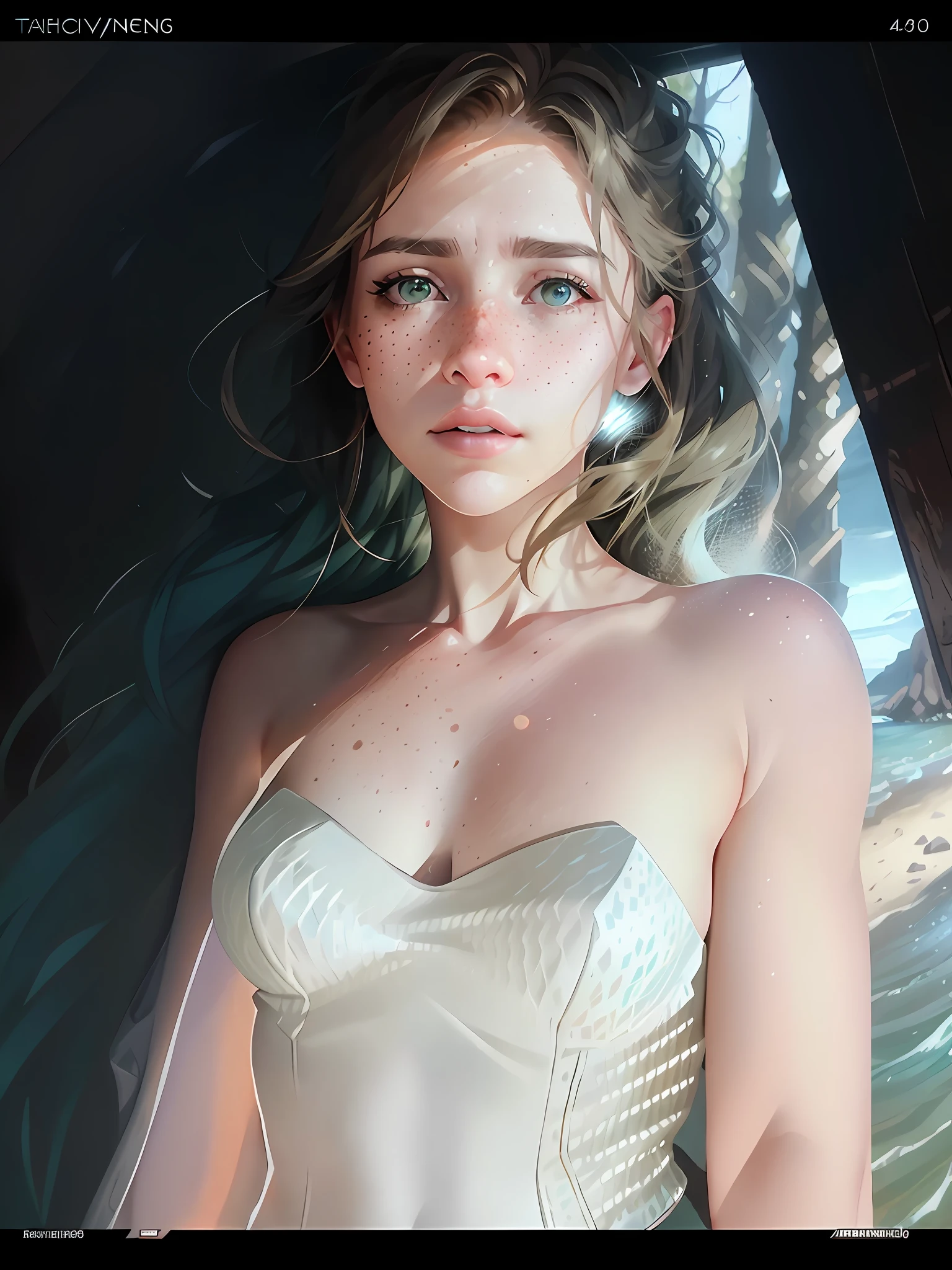deep shadow, sinister, award winning photo, best quality, masterpiece, upper body, woman, freckled face, windblown blonde hair, emerald eyes, modern strapless dress  by Jeremy Lipking, by Antonio J. Manzanedo, by lee jeffries nikon d850 film stock photograph 4 kodak portra 400 camera f1.6 lens rich colors hyper realistic lifelike texture dramatic lighting unreal engine trending on artstation cinestill 800, fisheye lens, Style-Kilt, windy beach, scottish loch, forest