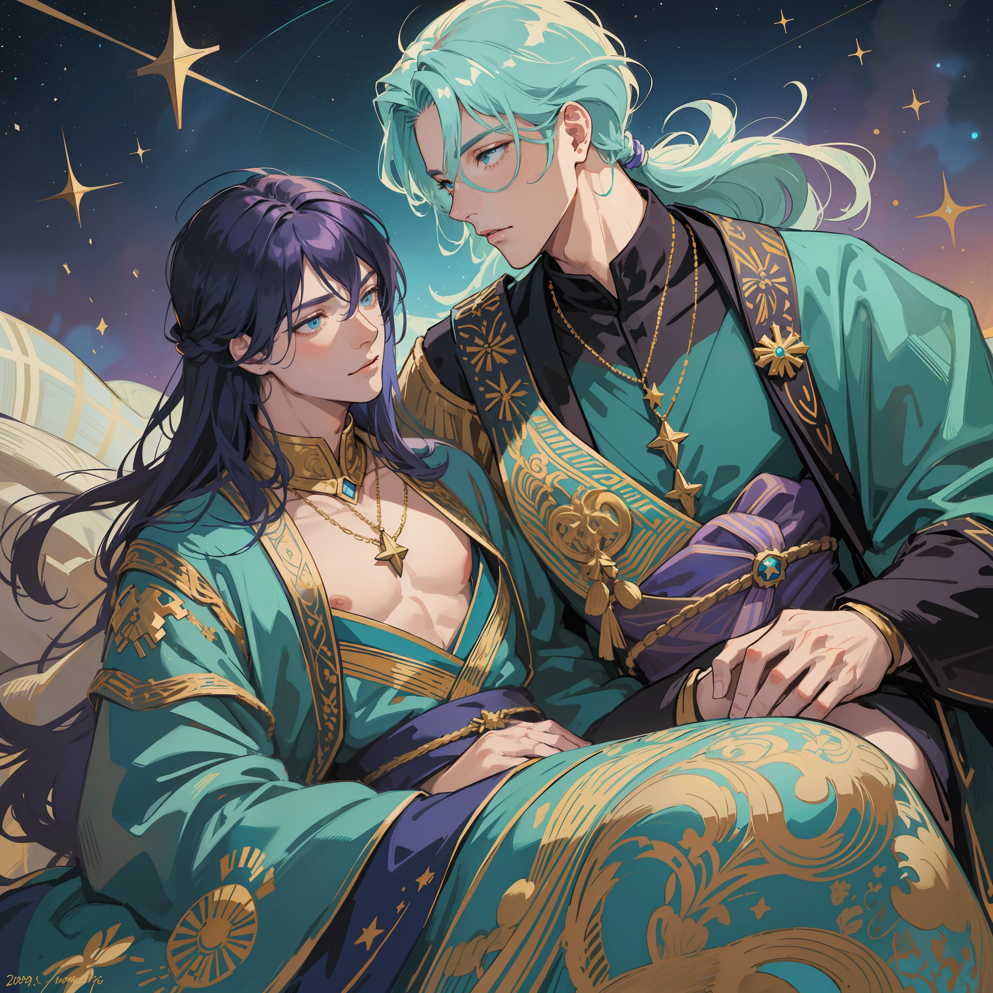 BL, two handsome people, two boys, turquoise long hair boys and lavender short hair boys, masculine features, masculine bodies, muscular boys, star ornaments, space ornaments, beautiful, beautiful, colorful, fantasy, fantastic, mixed medieval european aristocratic clothes and kimono, luxurious costumes, cuddling figures, starry sky, constellations, two people floating in the air, fantastic sky