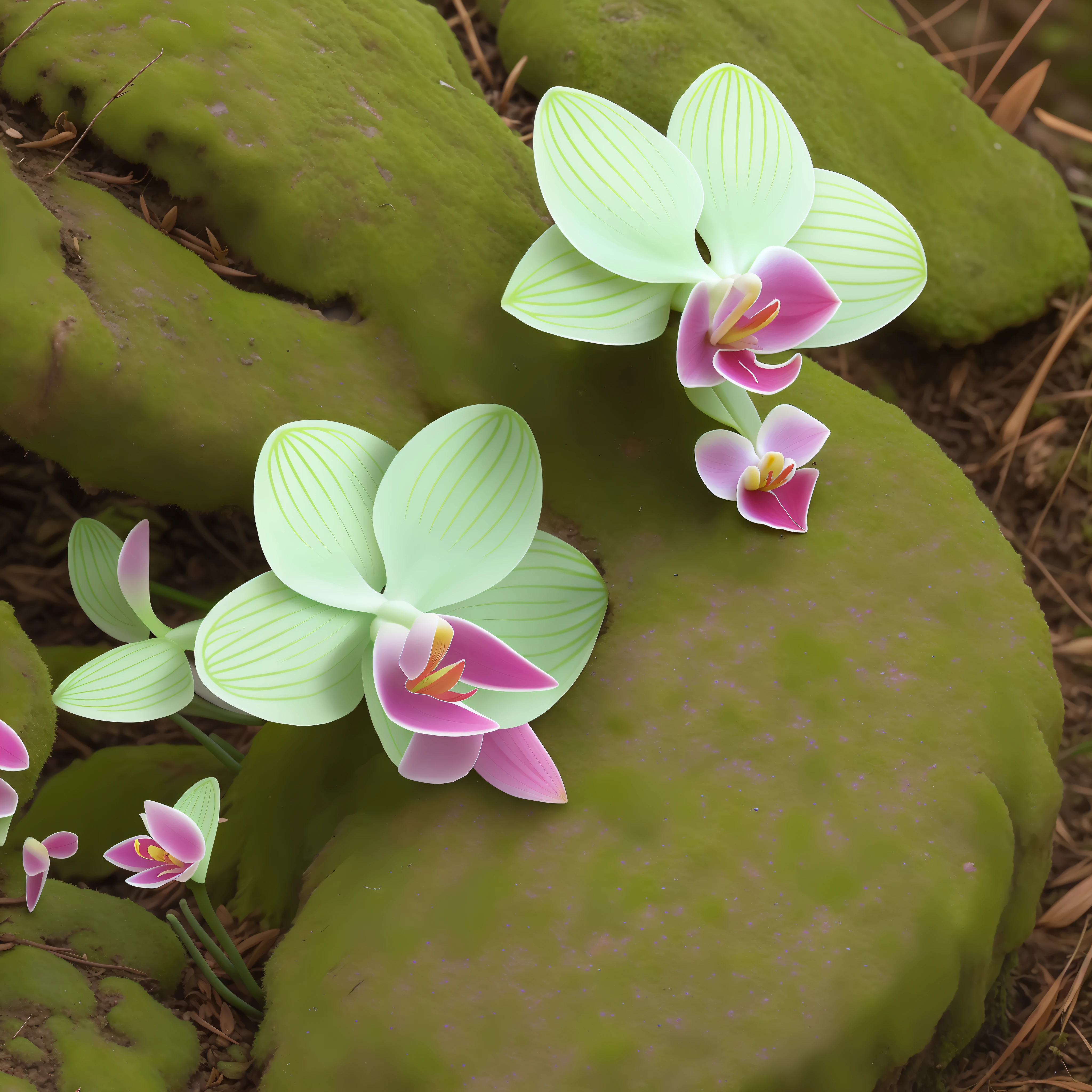 Close-up of a spring orchid on a mossy rock in the rainforest, beetles, butterflies, photo style