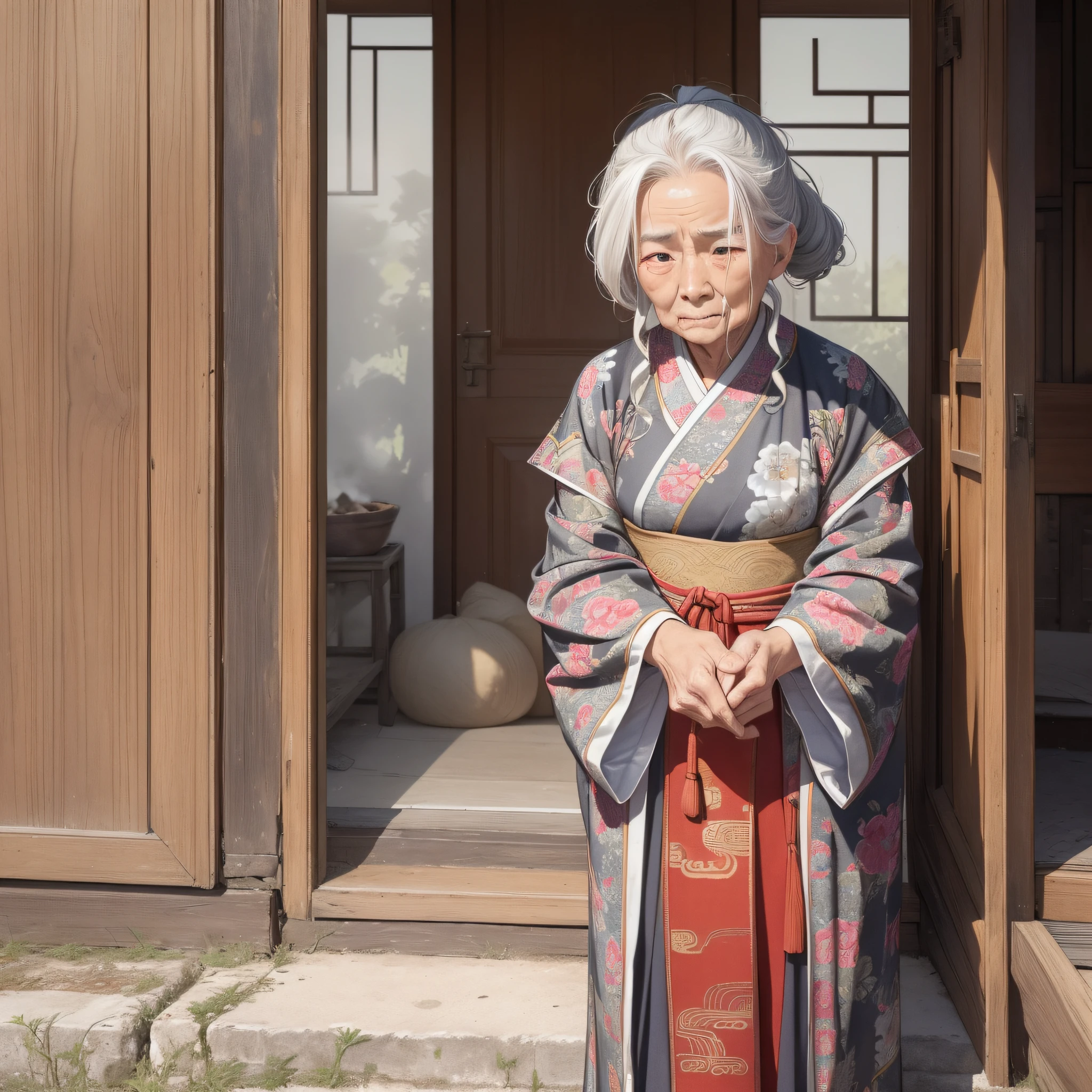 Absurd resolution, high resolution, (masterpiece: 1.4), hyper-detail, ancient Chinese, ten gray-haired, wrinkled old grandmother standing by the door crying (1.3) (background is a fire as tall as a person 1.5), crying (1.2), wearing shabby Chinese Hanfu 1.3 (upper body display 1.5) (a row of people 1.5)