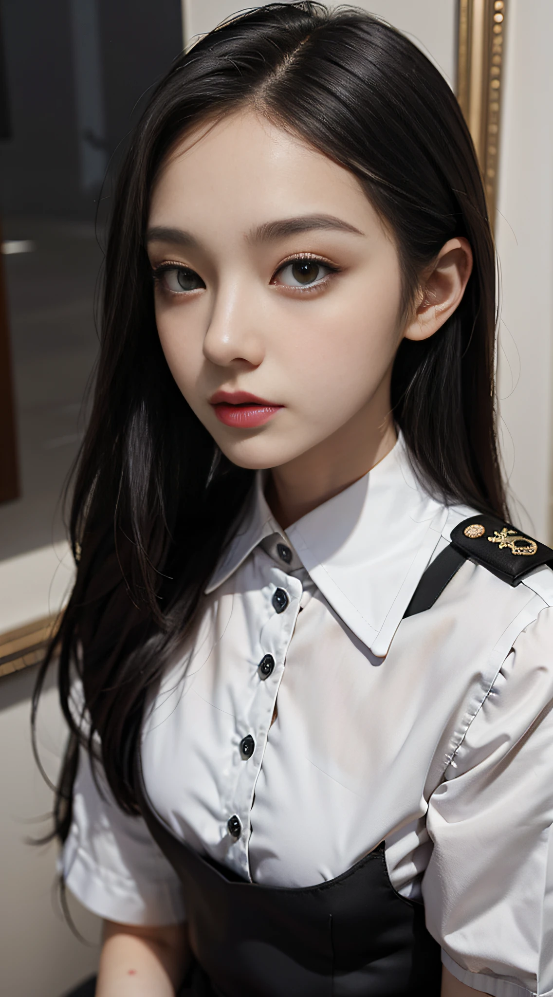 Best Quality, Full Body Portrait, Exquisite Face, Beautiful Face, Big Eyes: 1.1, Makeup: 1.2, 25 Years Old Woman, Slim Body, Small Bust, OL Uniform, Women's White Collar Uniform, Office Uniform, Black Stockings, Outdoor Scene, Stand Posture