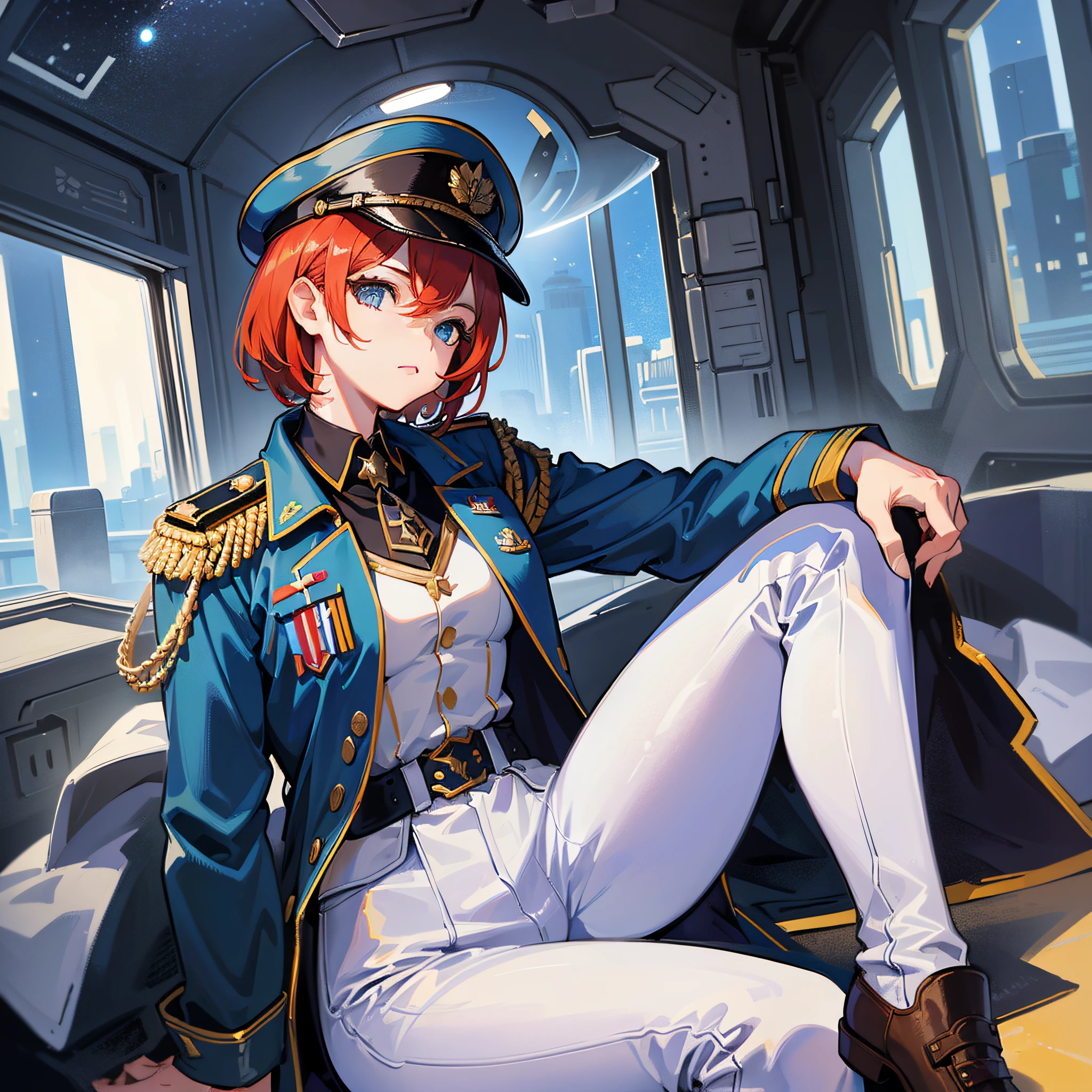 ((Masterpiece)), ((highest image quality)), ((highest image quality)), (illustration of one girl), full body, short red hair, (thin hair hanging down both sides of the face), blue eyes, ((tall)), ((muscular strong body)), (manspreading)), open legs, (military uniform)), ((army hat)), ((army coat)), (white clothes), (white pants), (white hat), Trench coat, ((inside the spaceship)), (outside the window, space, Earth seen from space)