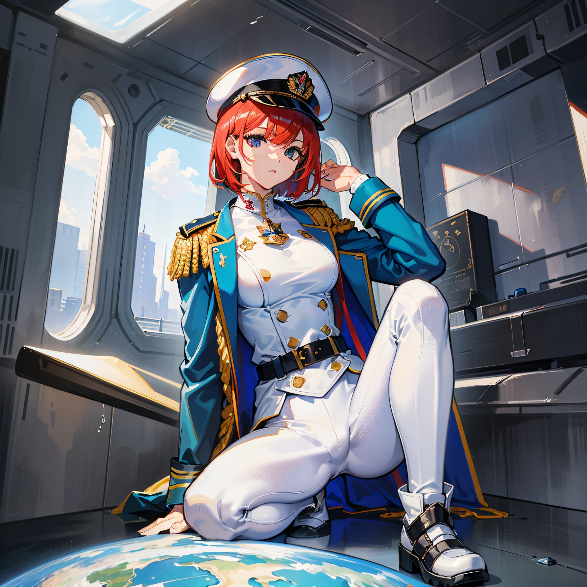 ((Masterpiece)), ((highest image quality)), ((highest image quality)), (illustration of one girl), full body, short red hair, (thin hair hanging down both sides of the face), blue eyes, ((tall)), ((muscular strong body)), (manspreading)), open legs, (military uniform)), ((army hat)), ((army coat)), (white clothes), (white pants), (white hat), Trench coat, ((inside the spaceship)), (outside the window, space, Earth seen from space)