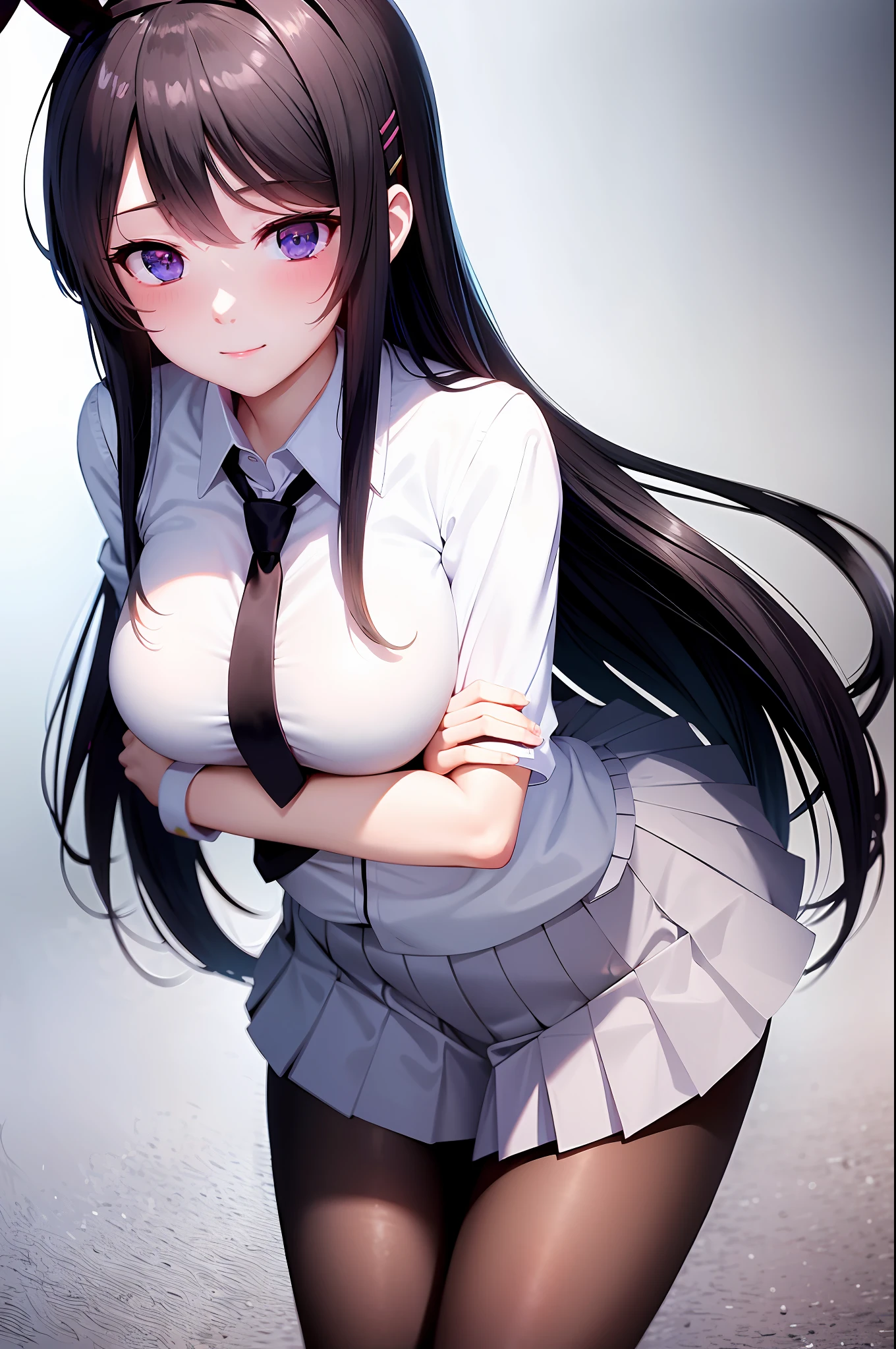 School uniform, white shirt, pantyhose, pleated skirt, tie, rabbit ears, Mai sauce, faint smile, mid_breats, best quality, behind arms, leaning forward