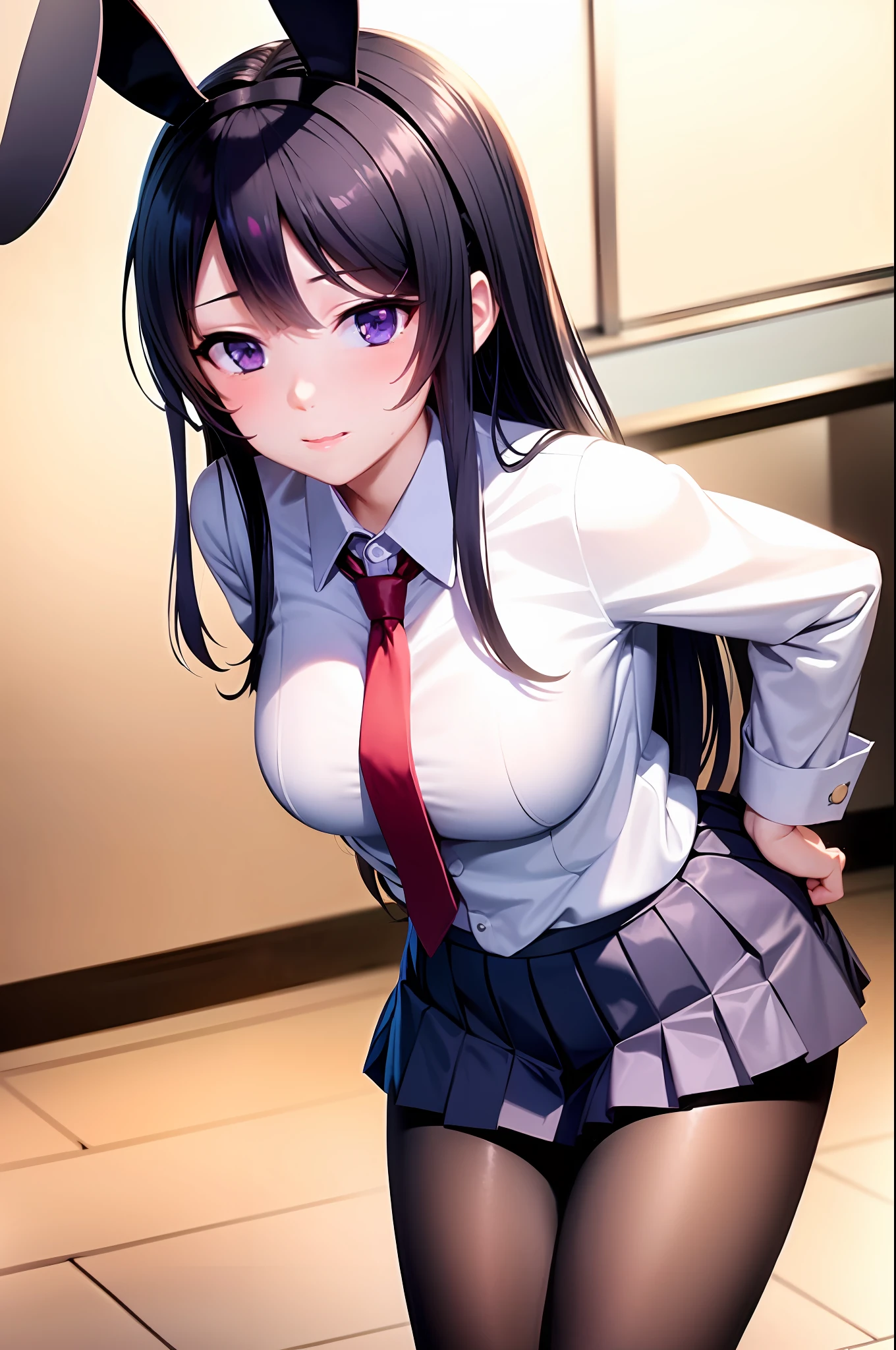 School uniform, white shirt, pantyhose, pleated skirt, tie, rabbit ears, Mai sauce, faint smile, mid_breats, best quality, behind arms, leaning forward