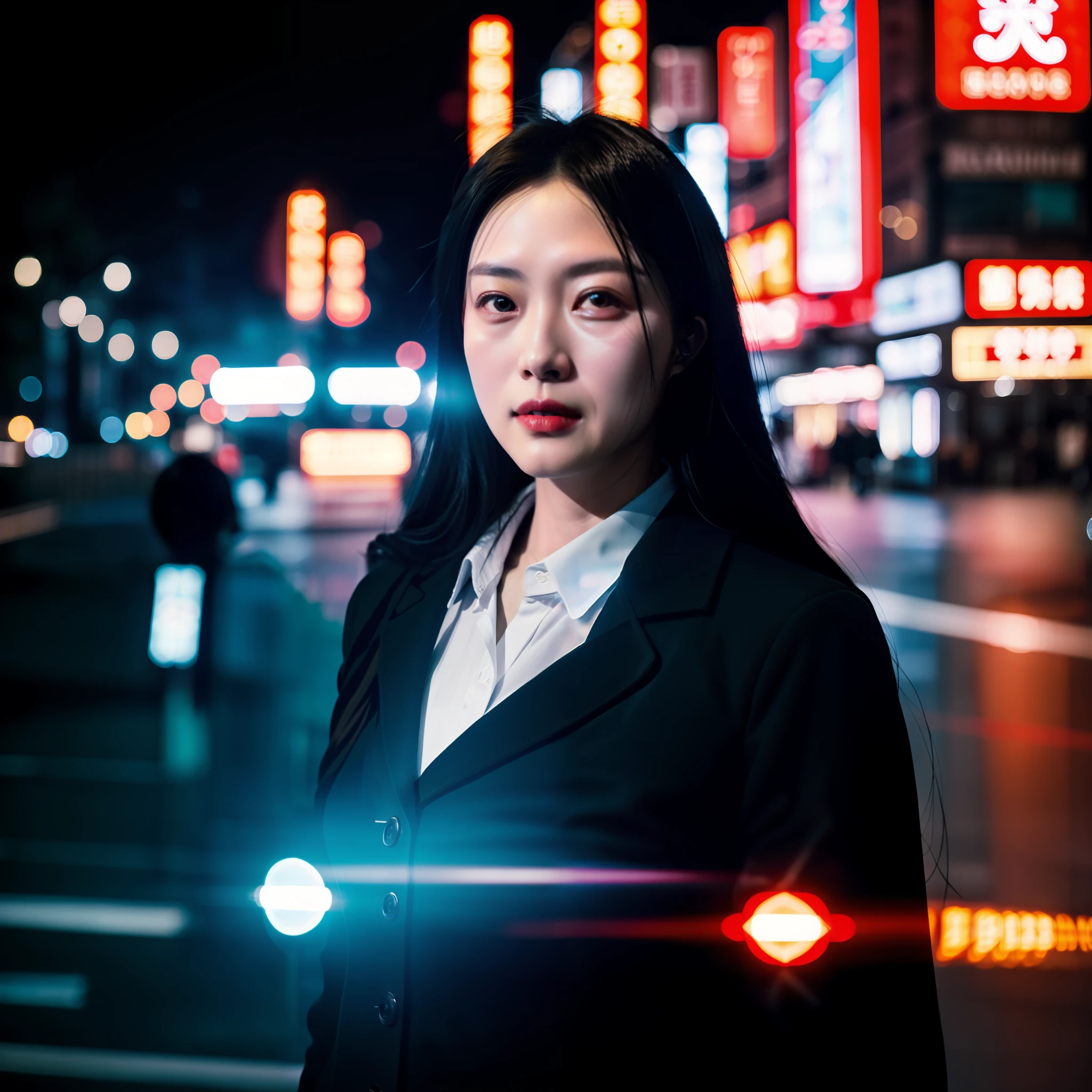 Selfie, street shot, lens bokeh, Zhou Xun, model, long hair, cinematic sense, Guangzhou street, hyper-realistic, movie lighting effects, background people come and go loneliness