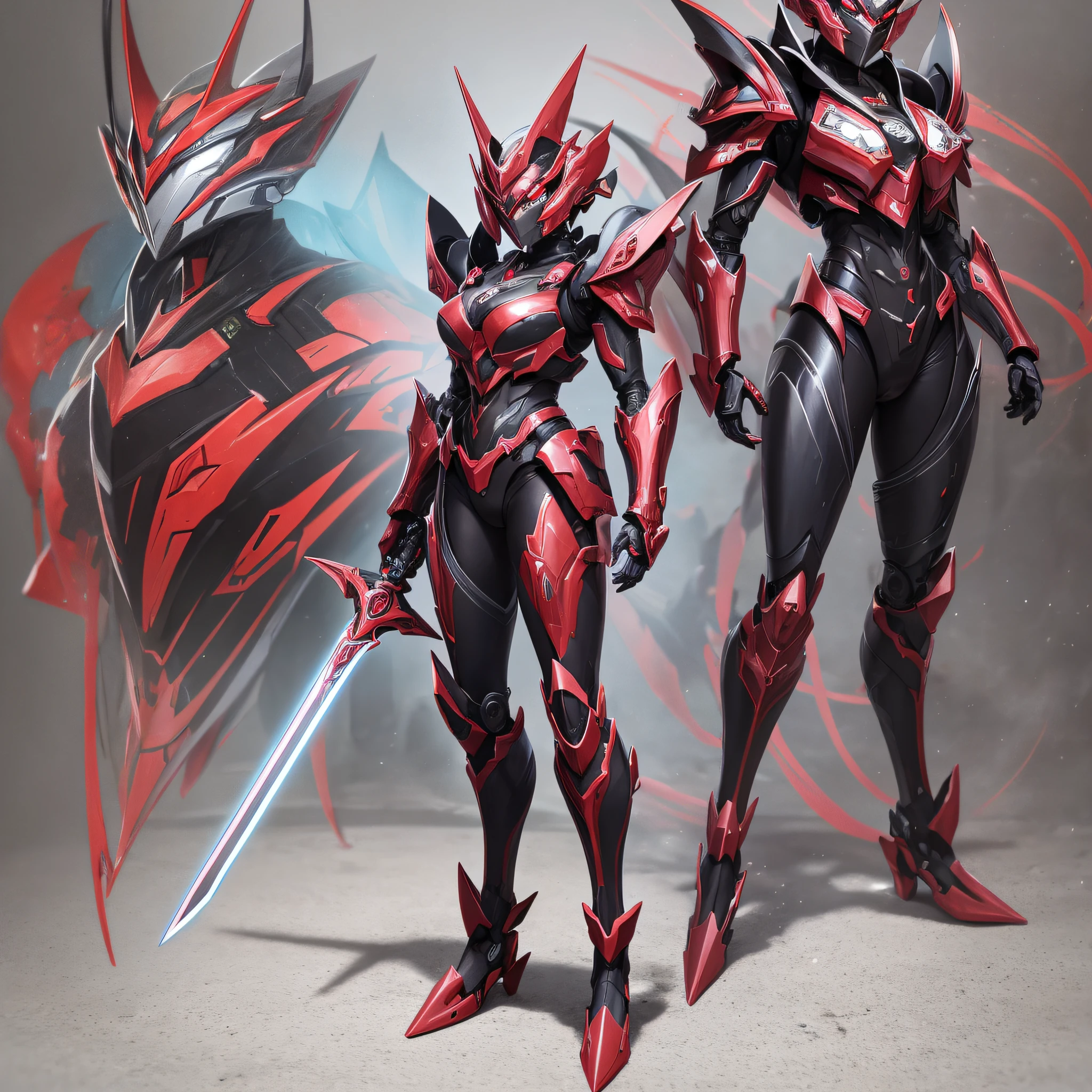 Crimson paint, villain, close-up of person in costume with sword, cyber japan style armor, cyber japan armor, guyver style, girl in armor, monster hunter armor, full body mecha suit, perfect anime cyborg woman, cyborg noble woman, mecha cyber armor girl, detailed full body concept, female armor, anime character. Full Body Art --auto --s2