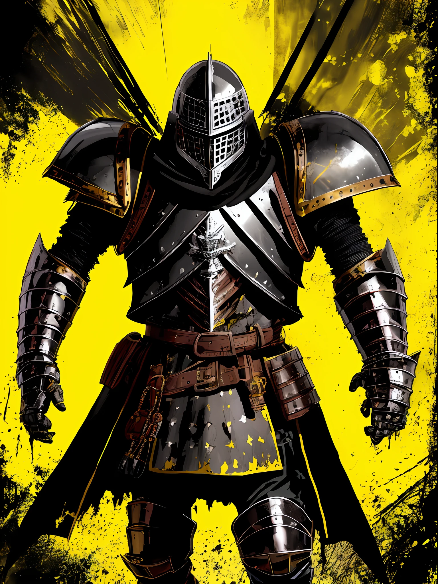 (a black and white medieval fighter with gauntlets and knight armor), in the style of Mork Borg, strong contrast, grunge dirty punk splash art, zine black metal, yellow and black background