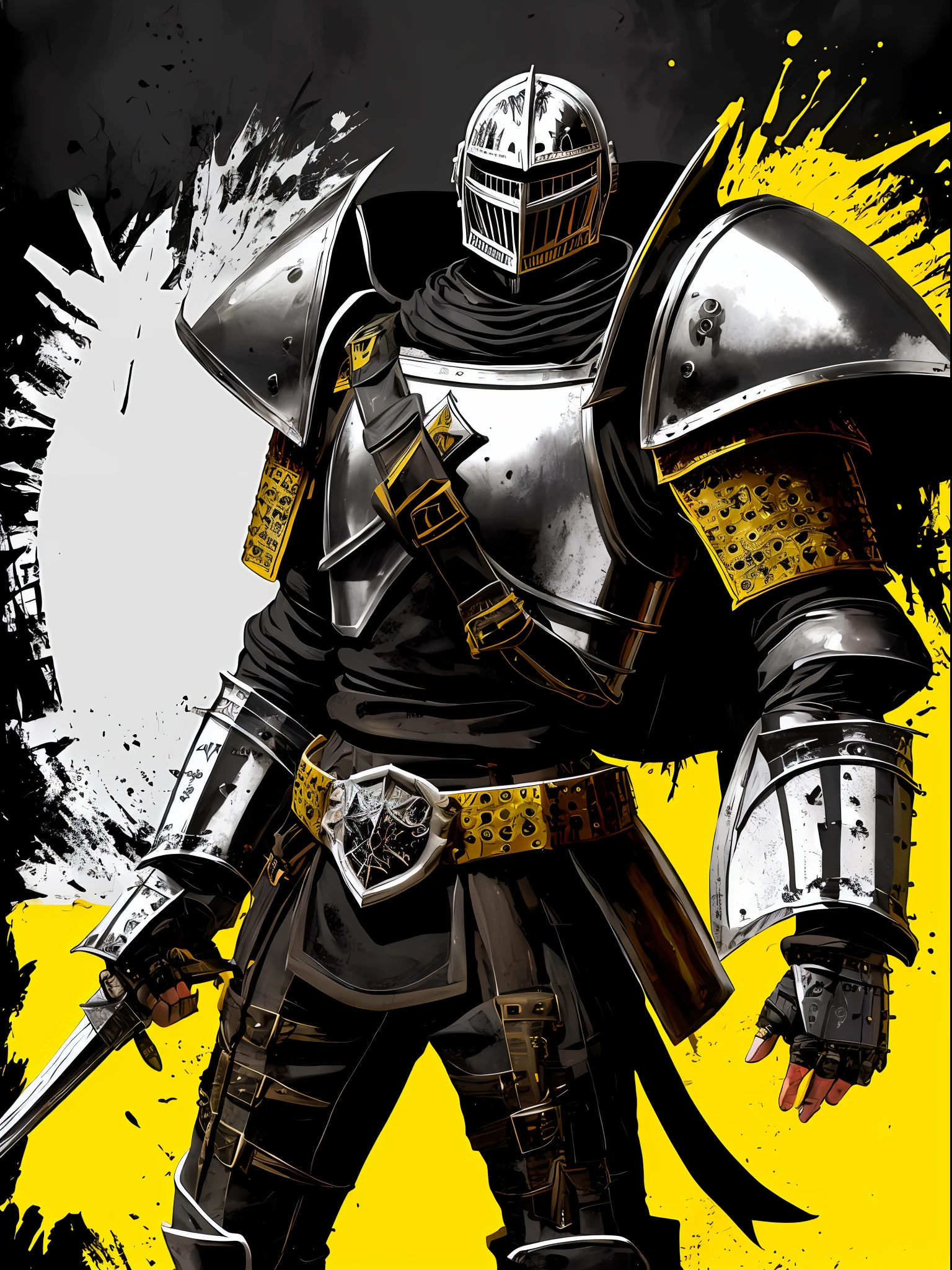 (a black and white medieval fighter with gauntlets and knight armor), in the style of Mork Borg, strong contrast, grunge dirty punk splash art, zine black metal, yellow and black background