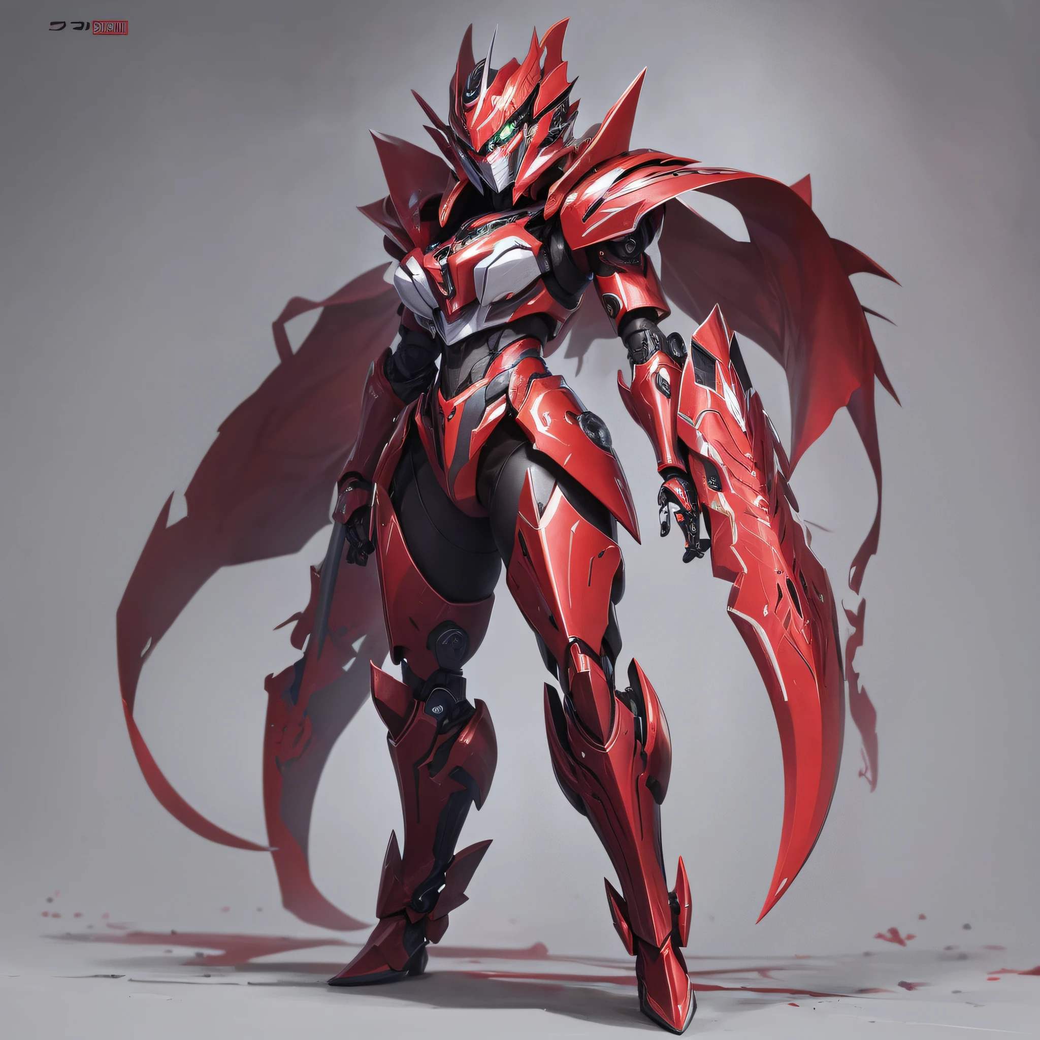 Crimson paint, villain, close-up of person in costume with sword, cyber japan style armor, cyber japan armor, guyver style, girl in armor, monster hunter armor, full body mecha suit, perfect anime cyborg woman, cyborg noble woman, mecha cyber armor girl, detailed full body concept, female armor, anime character. Full Body Art --auto --s2