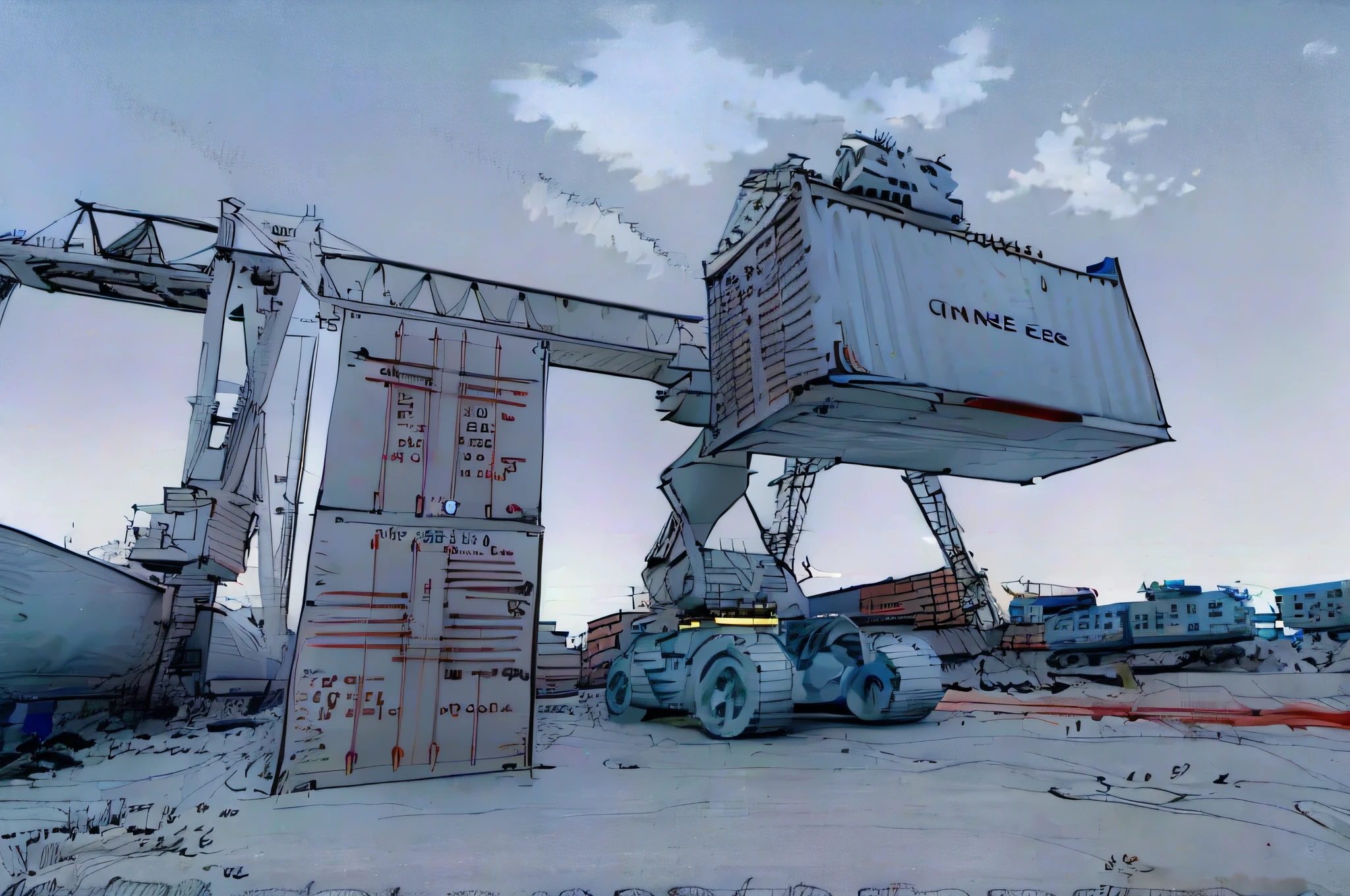 linear, gray, white background, simple background,sketch, sketch,pen_sketch_style,Arafed crane lifts container on truck in front of large container, shipping containers, eye-catching, photography, portrait, album photo, high quality download, very consistent, it is very huge, photo taken in 2 0 2 0, trade warehouses, ultra-realistic, it is very huge, background, creepy, photo credit: AP