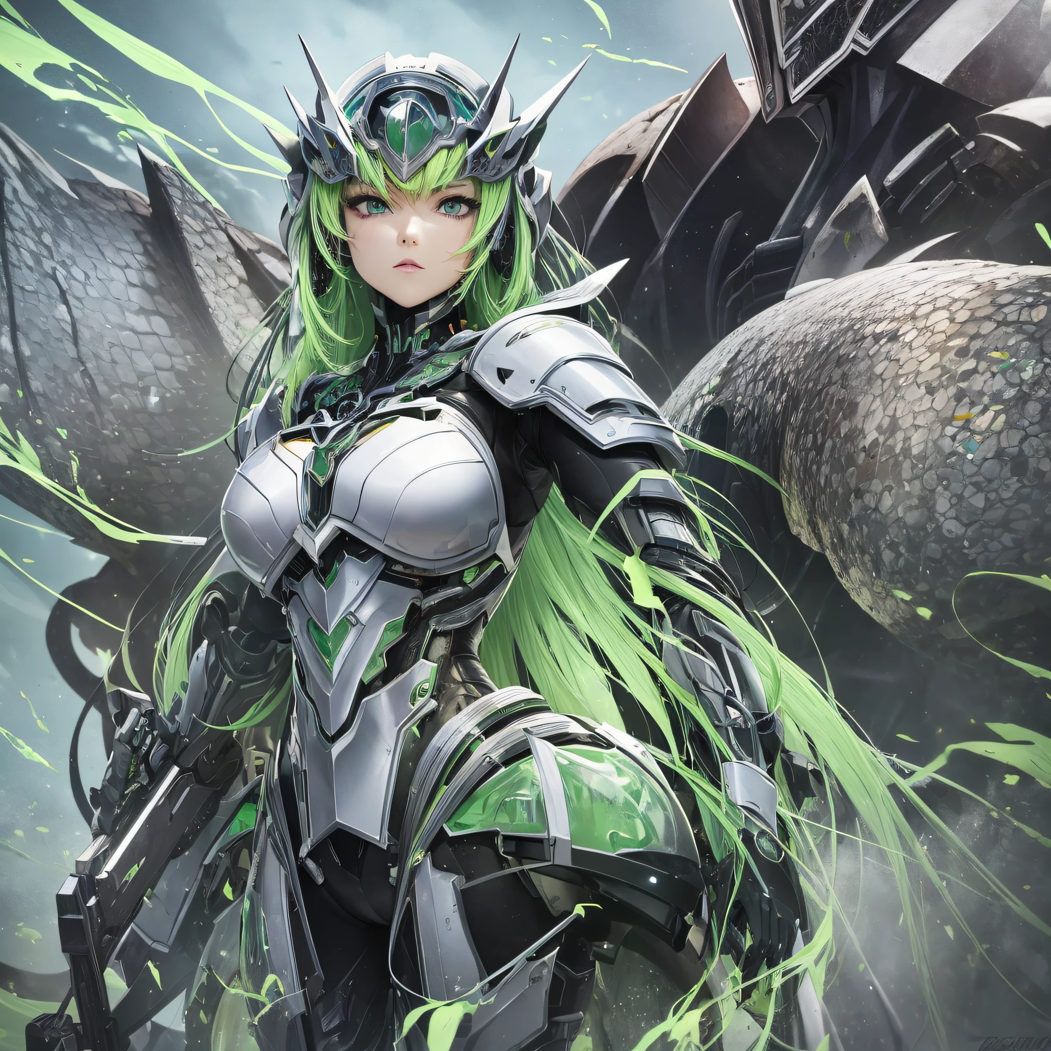 Fresh green paint, villain, close-up portrait of a person in costume with a sword, cyber japan style armor, cyber japan armor, guyver style, girl in armor, monster hunter armor, full body mecha suit, perfect anime cyborg woman, cyborg noble woman, mecha cyber armor girl, detailed full body concept, female armor, anime character. Full Body Art --auto --s2