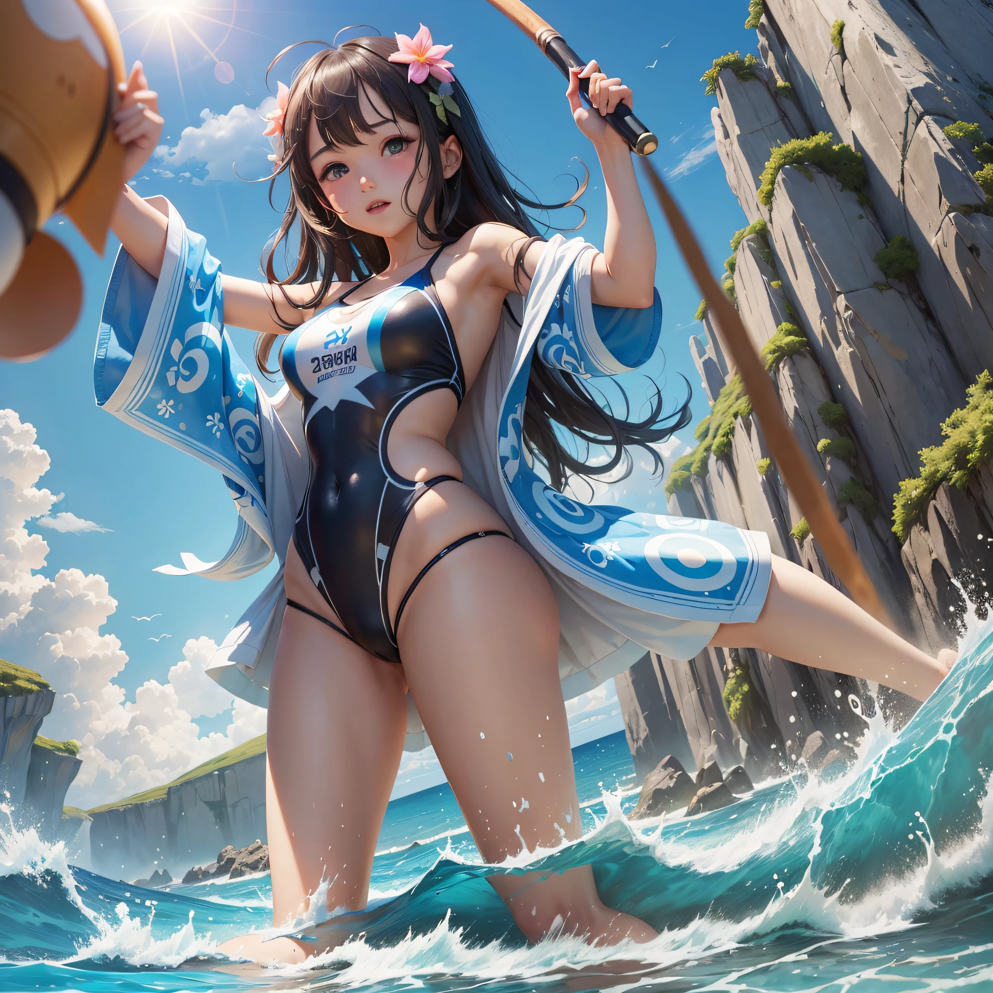 (high-quality graphics, perfect details) swimsuit (multiplayer + : 1.5), dynamic scenes, blue sky and seawater, refreshing tones, warm sunshine, vitality, good mood. --auto --s2