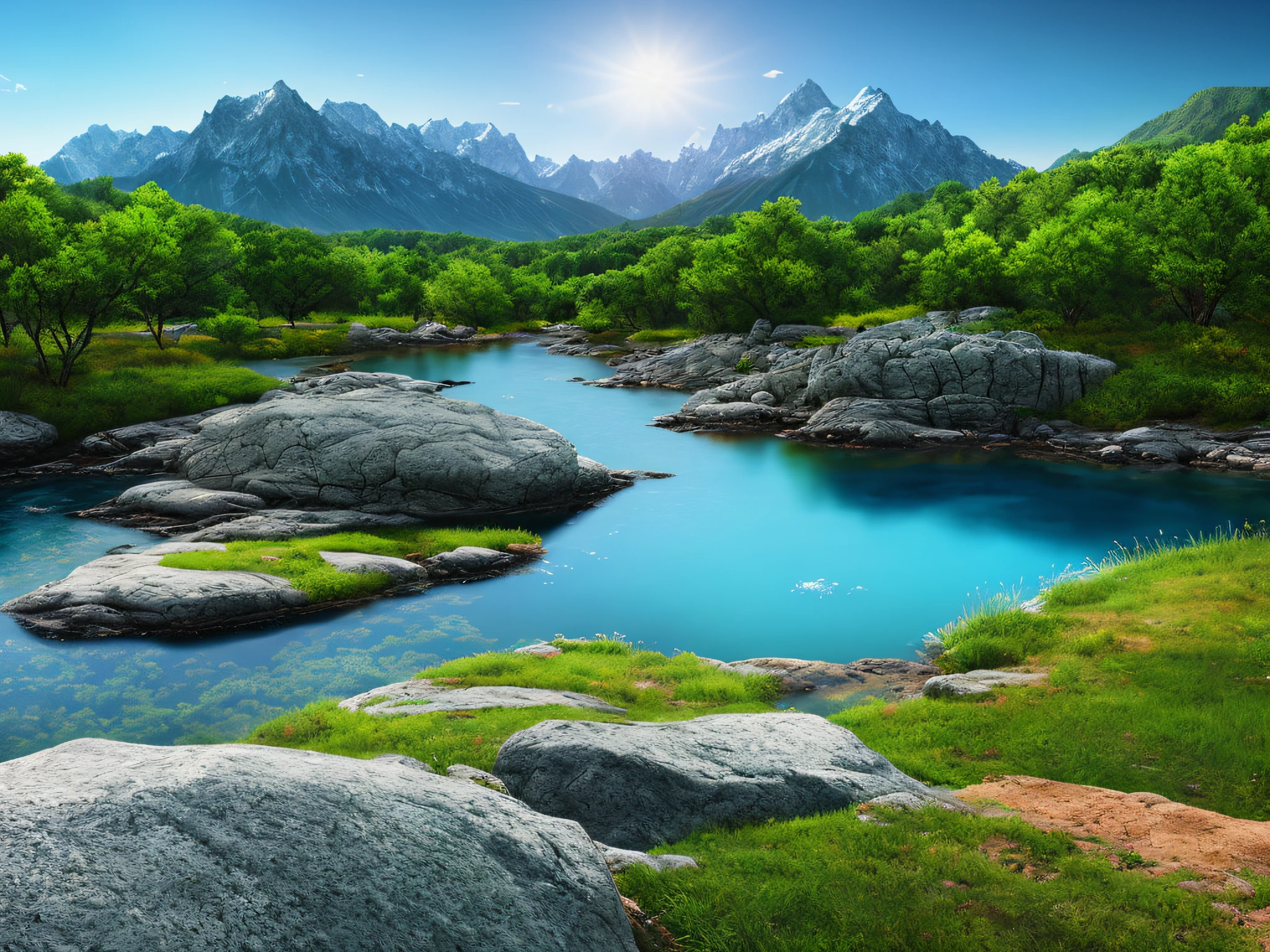 Canon 5D4, a peaceful place, very pleasant, beautiful, calm and scenic. Realistic, 8K UHD, studio quality, ultra-realistic, maximum detail, massive scale, post-processing, realistic, photorealism, photography, detailed, cinematic lighting, landscape, panorama, landscape, ray tracing, cinema4d