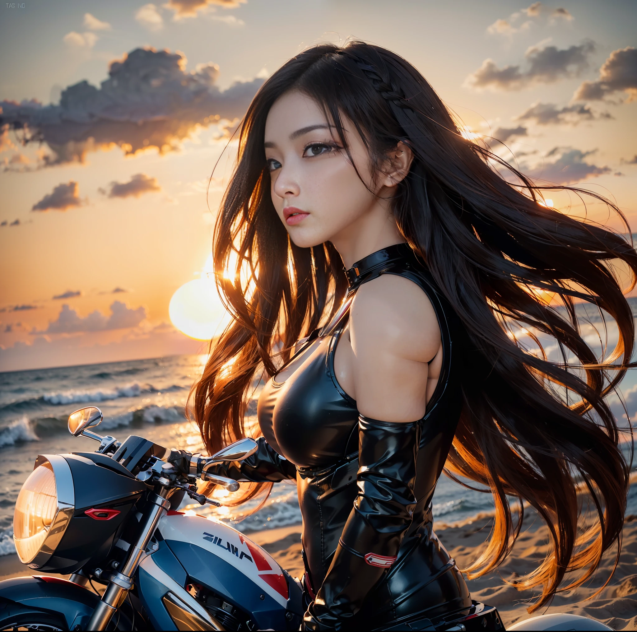 (top quality, masterpiece), 1girl, intricate details, (shading realistic lighting), huge file size, high resolution, elegant, realistic, (perfect anatomical depiction of the human body), teenage girl is stopping her motorcycle on the beach at dark sunset and looking somewhere, serious expression, the girl has whitening skin blue eyes and partially braided long hair is a brunette Japan, japanese, (the girl has very big), (the girl has super big), (the girl has a thin waist), (the girl has thin thighs), (the girl has a baby face), ((the girl wears a white bodysuit with smooth thin fabric)). (The girl's bodysuit has very cramped breasts), (The girl's white bodysuit has crimson lines on the outside of her limbs), (The girl wears a white bodysuit, red-white boots and gloves so she can't see any skin except her face), (The girl's bodysuit crushes her large breasts and spreads to the side), (Beautiful big blue eyes), (Thin and clear double eyelid lines in the eyes), ( Tear bags with glossy, plump and bright tones under the eyes), (pale blue iris), (some highlights on the iris and pupil), (red representation of the conjunctiva), (long eyelashes that are well visible), (taut swimsuit with super big), (skin and hair glistening in the setting sun from behind), (hair fluttering heavily in the strong sea breeze and shimmering in the backlight of the setting sun). ((The girl is standing in front of the motorcycle and looking into the distance)) , (shot showing the whole body, the motorcycle, the sea and the sunset), The motorcycle is a one-light naikit type, Holding a black helmet in one hand, The sun is dyed crimson on the horizon behind it, the sky has a gradient to a dark purple that is darker as it moves away from the crimson of the horizon, a very dark scene that is almost night, strong contrast between light and shadow, perfect hands, nice hands, mirage farina,