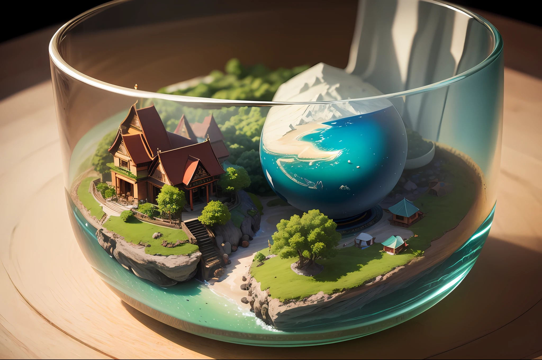 mini\(ttp\), (8k, RAW photo, best quality, masterpiece:1.2), Denpasar city, isometric, miniature, landscape, glass bowl,