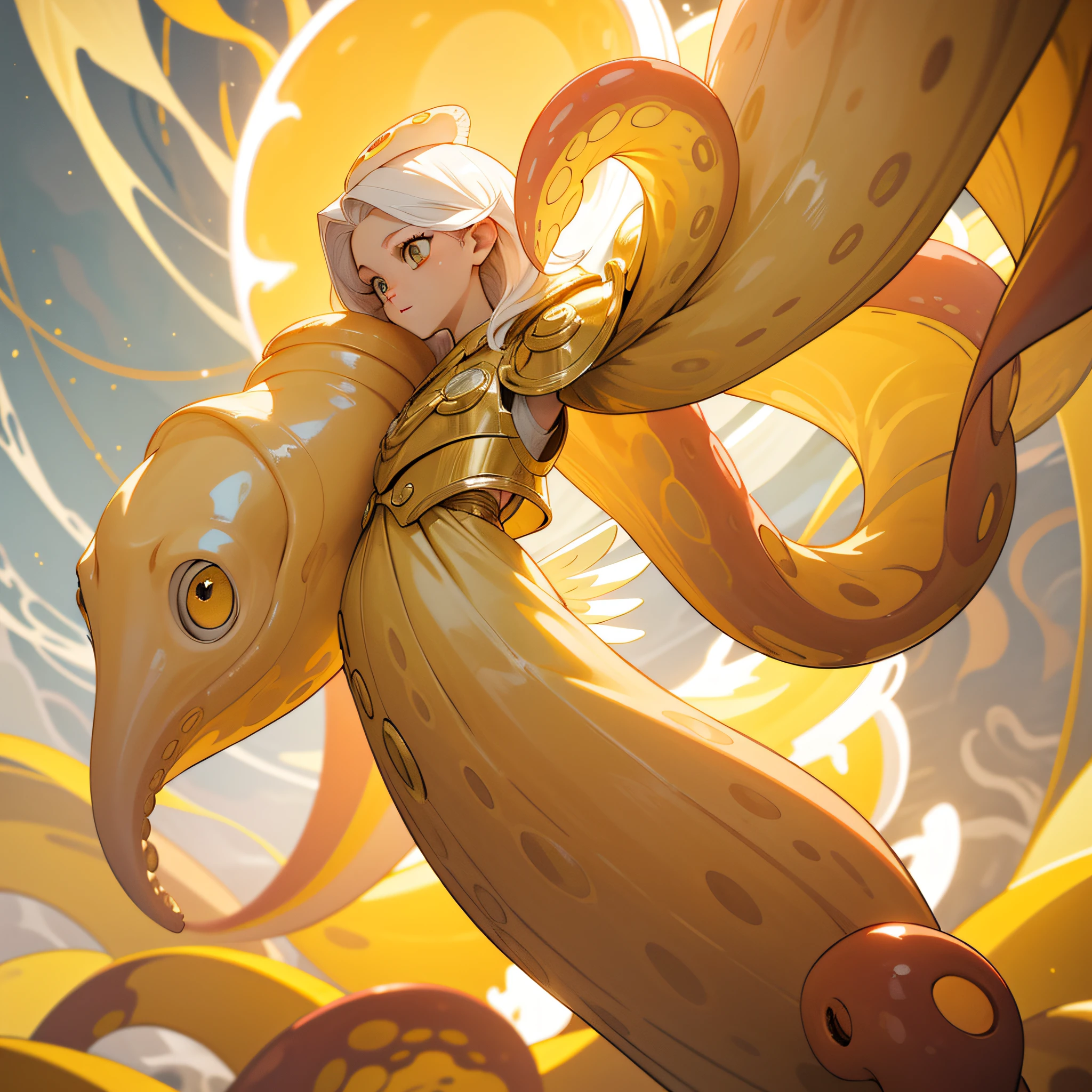 cephalopod, (cephalopod), light yellow tentacles, white with red trim ribbon hair, light yellow armor, golden halo, light yellow feathered wings, masterpiece, Best Quality