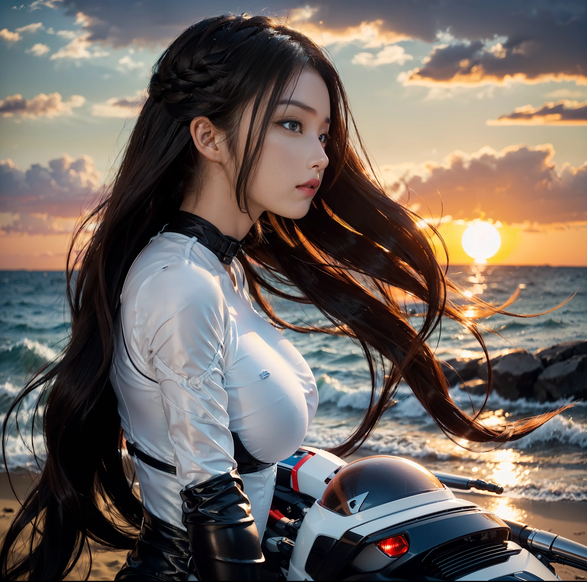 (top quality, masterpiece), 1girl, intricate details, (shading realistic lighting), huge file size, high resolution, elegant, realistic, (perfect anatomical depiction of the human body), teenage girl is stopping her motorcycle on the beach at dark sunset and looking somewhere, serious expression, the girl has whitening skin blue eyes and partially braided long hair is a brunette Japan, japanese, (the girl has very big), (the girl has super big), (the girl has a thin waist), (the girl has thin thighs), (the girl has a baby face), ((the girl wears a white bodysuit with smooth thin fabric)). (The girl's bodysuit has very cramped breasts), (The girl's white bodysuit has crimson lines on the outside of her limbs), (The girl wears a white bodysuit, red-white boots and gloves so she can't see any skin except her face), (The girl's bodysuit crushes her large breasts and spreads to the side), (Beautiful big blue eyes), (Thin and clear double eyelid lines in the eyes), ( Tear bags with glossy, plump and bright tones under the eyes), (pale blue iris), (some highlights on the iris and pupil), (red representation of the conjunctiva), (long eyelashes that are well visible), (taut swimsuit with super big), (skin and hair glistening in the setting sun from behind), (hair fluttering heavily in the strong sea breeze and shimmering in the backlight of the setting sun). ((The girl is standing in front of the motorcycle and looking into the distance)) , (shot showing the whole body, the motorcycle, the sea and the sunset), The motorcycle is a one-light naikit type, Holding a black helmet in one hand, The sun is dyed crimson on the horizon behind it, the sky has a gradient to a dark purple that is darker as it moves away from the crimson of the horizon, a very dark scene that is almost night, strong contrast between light and shadow, perfect hands, nice hands, mirage farina,