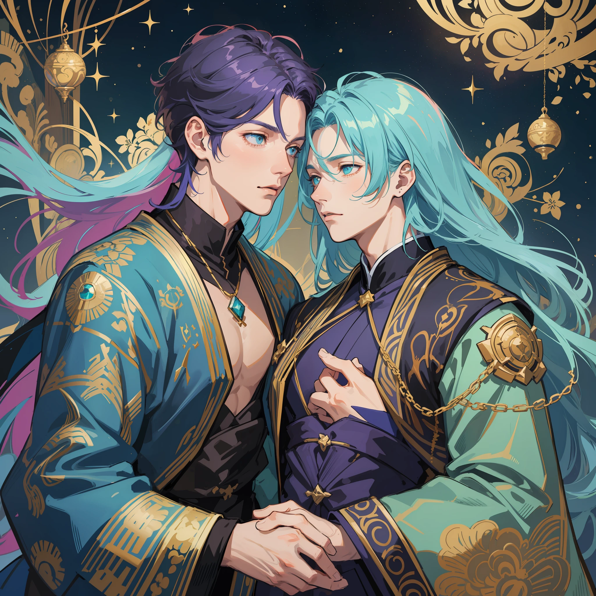 BL, two handsome people, two boys, turquoise long hair boys and lavender short hair boys, masculine features, masculine bodies, muscular boys, star ornaments, space ornaments, beautiful, beautiful, colorful, fantasy, fantastic, mixed medieval european aristocratic clothes and kimono, luxurious costumes, cuddling figures, starry sky, constellations, two people floating in the air, fantastic sky
