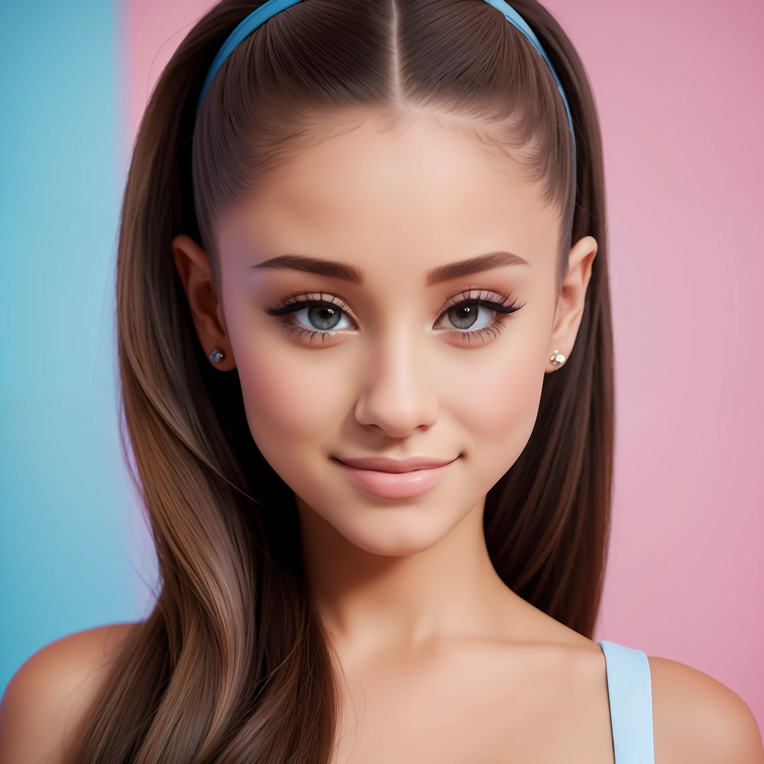 Ariana Grande, photographed in front of a wall with a pastel-colored gradient, dress, smiling expressions, realistic portraits, Raw simulation style, makes him the focal point of the image. Pay attention to details such as highlights and shadows on the face and hair to create a realistic and realistic image. Try different lighting techniques to enhance the mood and atmosphere of your portrait. ((High Detail Skin, Skin Detail)), Clear Focus, Volumetric Fog, 8K Ultra HD, SLR, High Quality, Film Granules, Fujifilm XT3