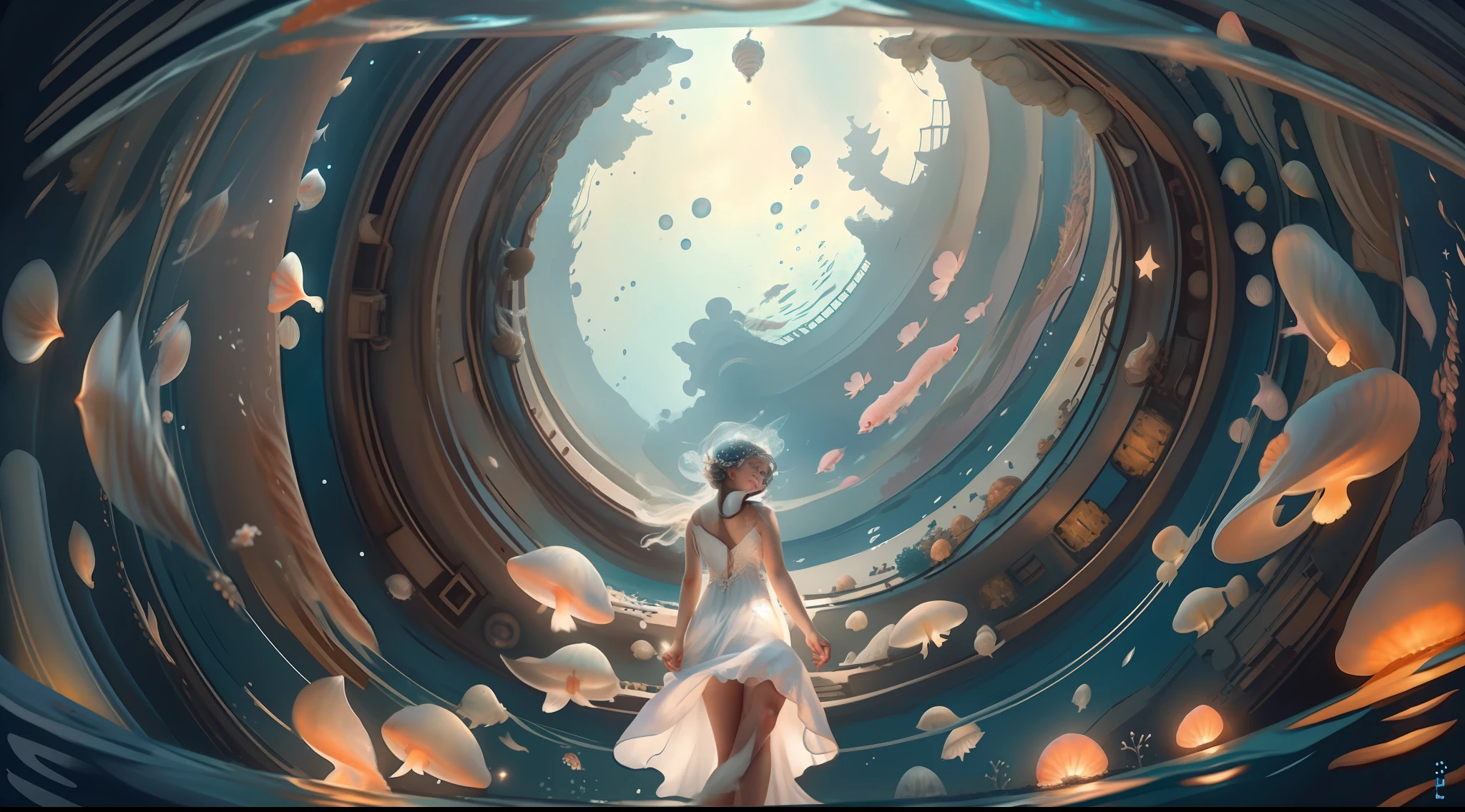 White dress, girls, back, bottom of the sea, beautiful starry sky, lots of fish, deep sea, jellyfish, less coral, less aquatic weeds, wide angle lens, stars, night, super wide angle, looking up lens, perspective drawing, dreamy