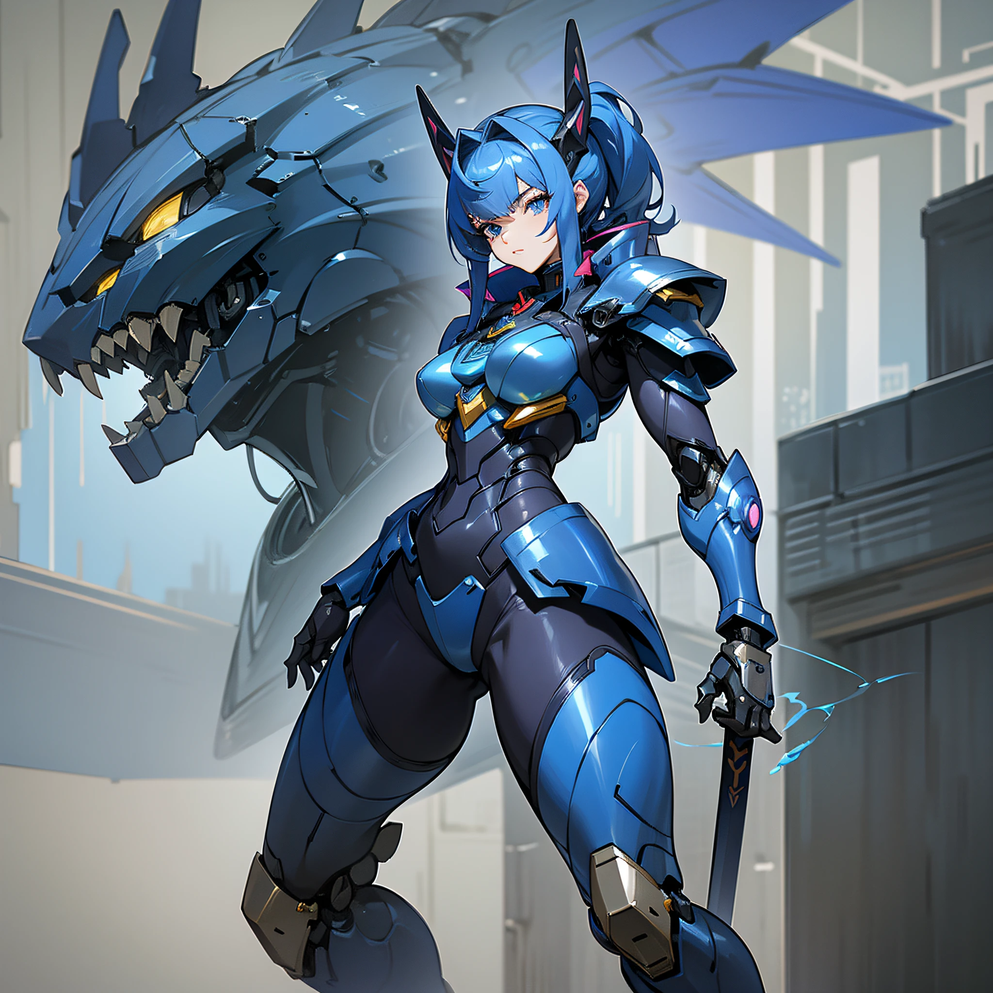Dark blue paint, villain, close-up of person in costume with sword, cyber japan style armor, cyber japan armor, guyver style, girl in armor, monster hunter armor, full body mecha suit, perfect anime cyborg woman, cyborg noble woman, mecha cyber armor girl, detailed full body concept, female armor, anime character. Full Body Art --auto --s2