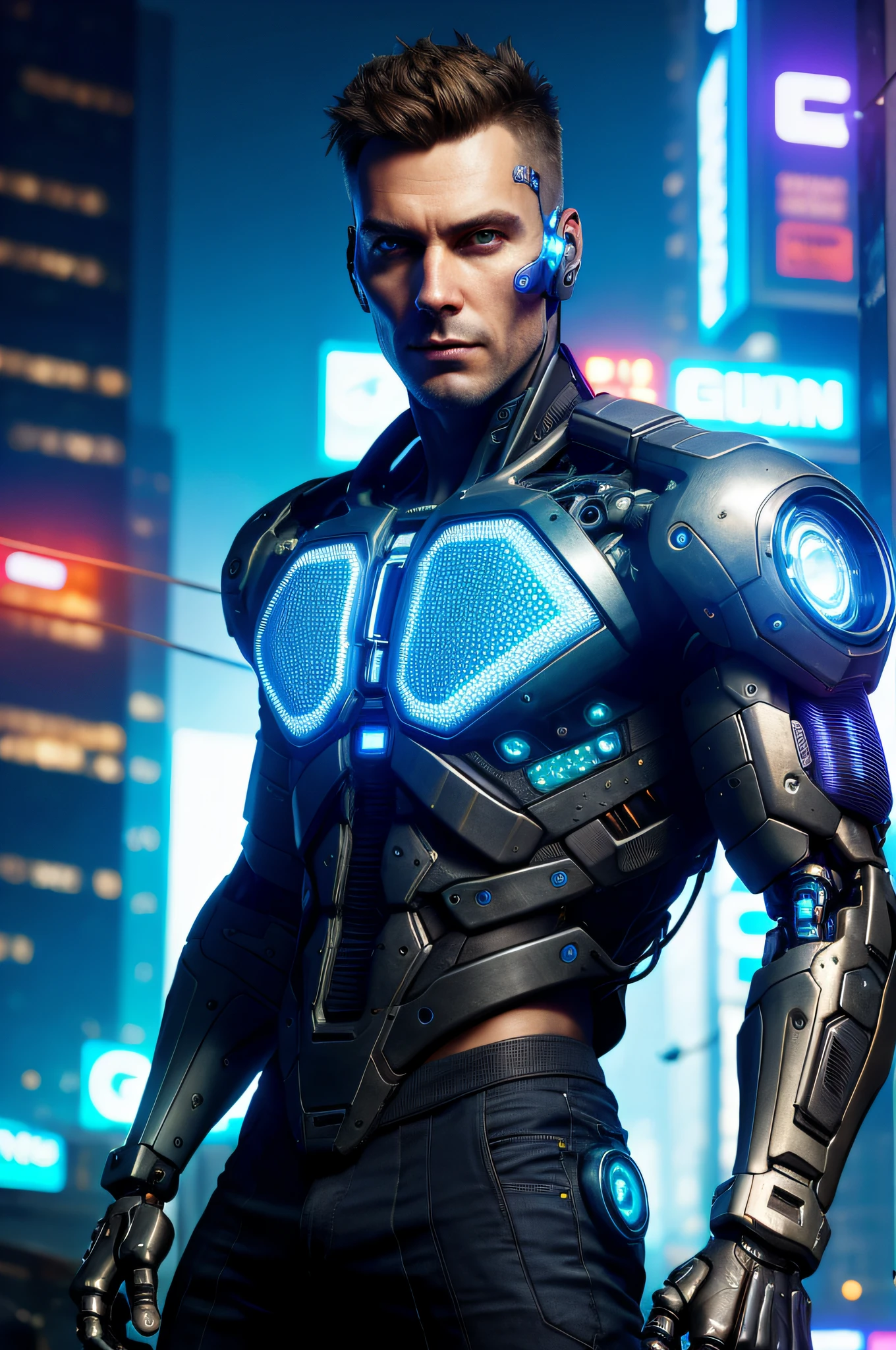 Hyper-realistic close up portrait of a (cyberpunk man), ((male)), (bronze) skin, detailed (one striking blue human eye and one cybernetic glowing eye), rugged, adaptive, (half human face, half cybernetic enhancements seamlessly integrated), (futuristic neon-lit cityscape reflecting in the cybernetic eye), with a detailed enigmatic face, full body, (fashionable and functional cyberpunk attire), regal, elegant, realistic, hyper realistic, highly detailed, depth of field, Detailed and Intricate, Photo, HD, Cinematic, Dynamic Lighting, (bokeh), ((beautiful)), lens flare, (god rays:1.1), (cinema effect), gradient colour progression, cinematic film grain, (subsurface scattering)
,((detailed face and eyes)), (detailed iris:1.3)