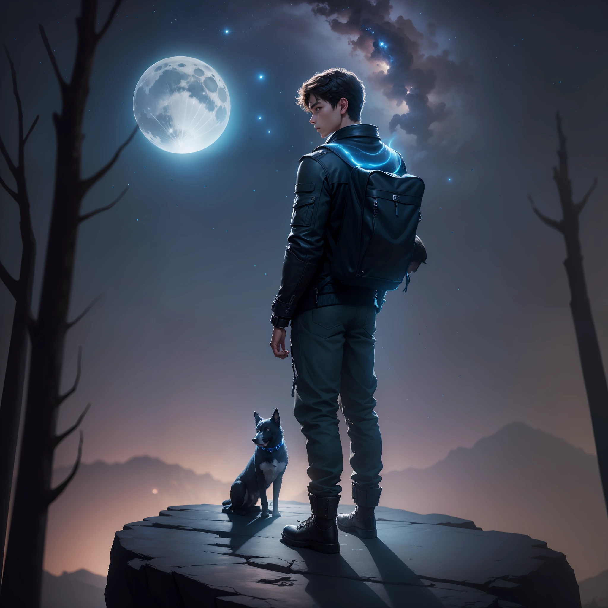 teenage boy and his dog, standing on an ancient rock, perfect body, dark cinematic, beautiful face ,night, dark night, blue moon, ultra high quality, fireflies, magical, mysterious, full blue moon, photo realistic, silhouette, ultra hd, fireflies in the background, no lights