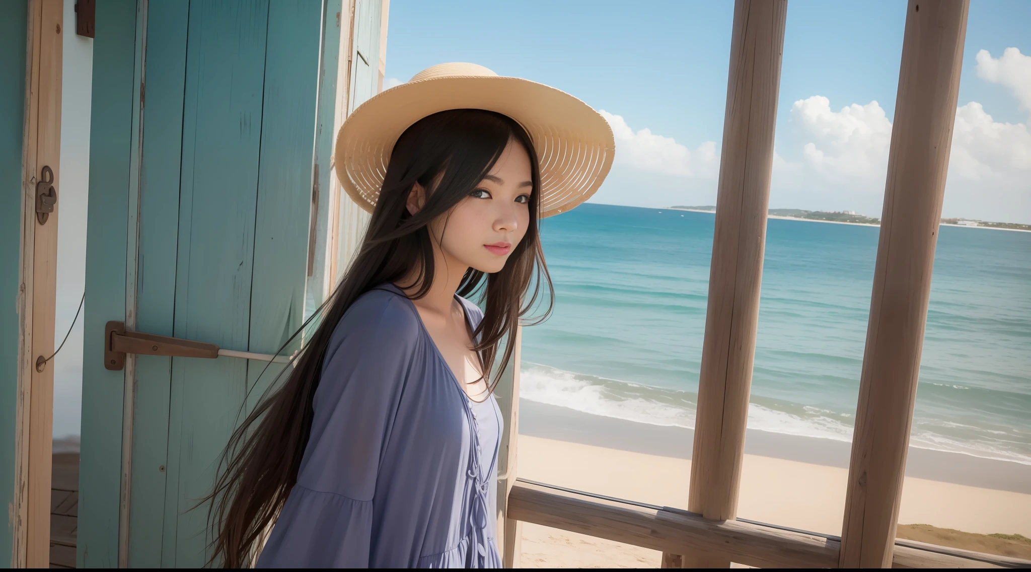 Small town by the sea, the summer breeze blows on the woman's cheeks, gazes at the sea in the distance, men and women stroll by the sea, black hair, long hair, masterpieces, the best quality
