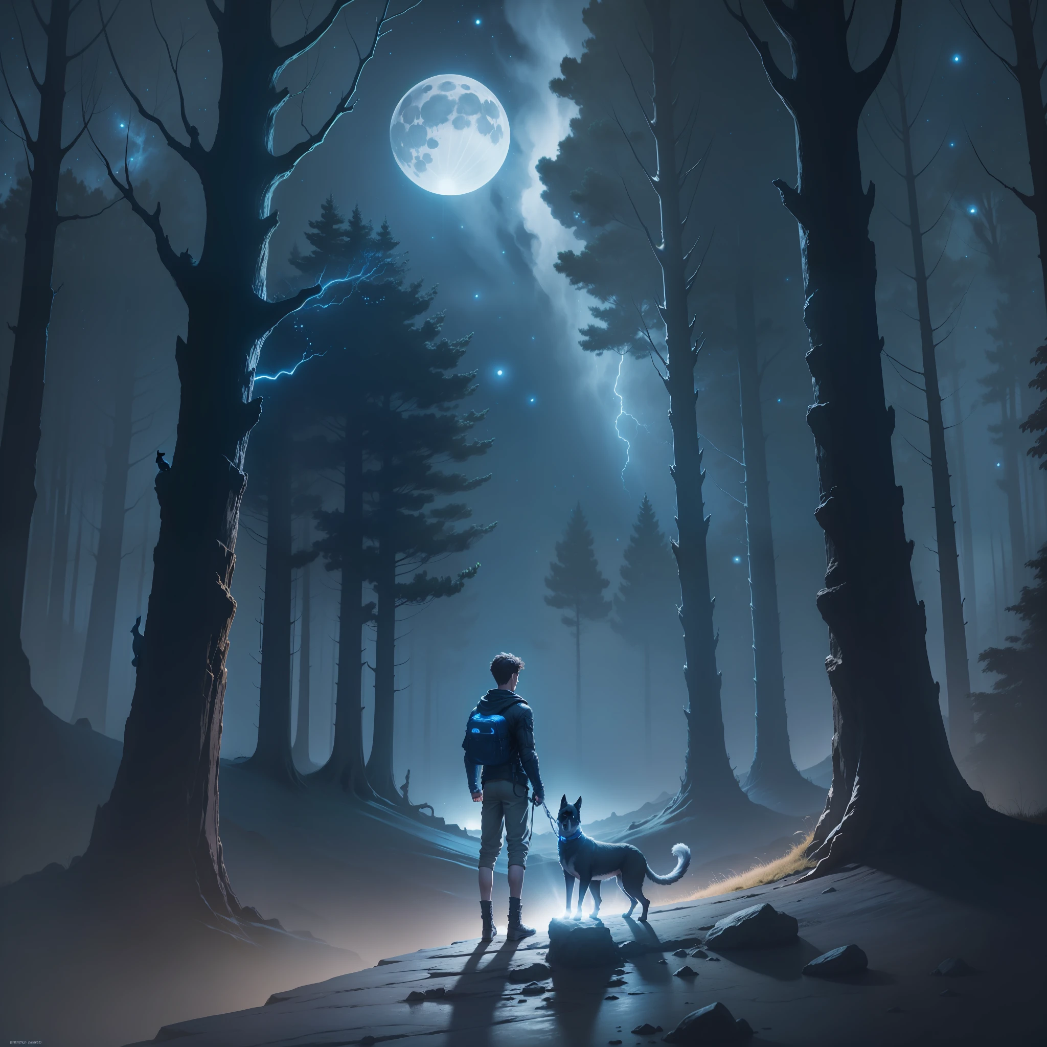 teenage boy and his dog,  standing on an ancient rock, perfect body, dark cinematic, beautiful face ,night, dark night, blue moon,  ultra high quality, fireflies, magical, mysterious, full blue moon, photo realistic, silhouette, ultra hd, fireflies in the background, no lights