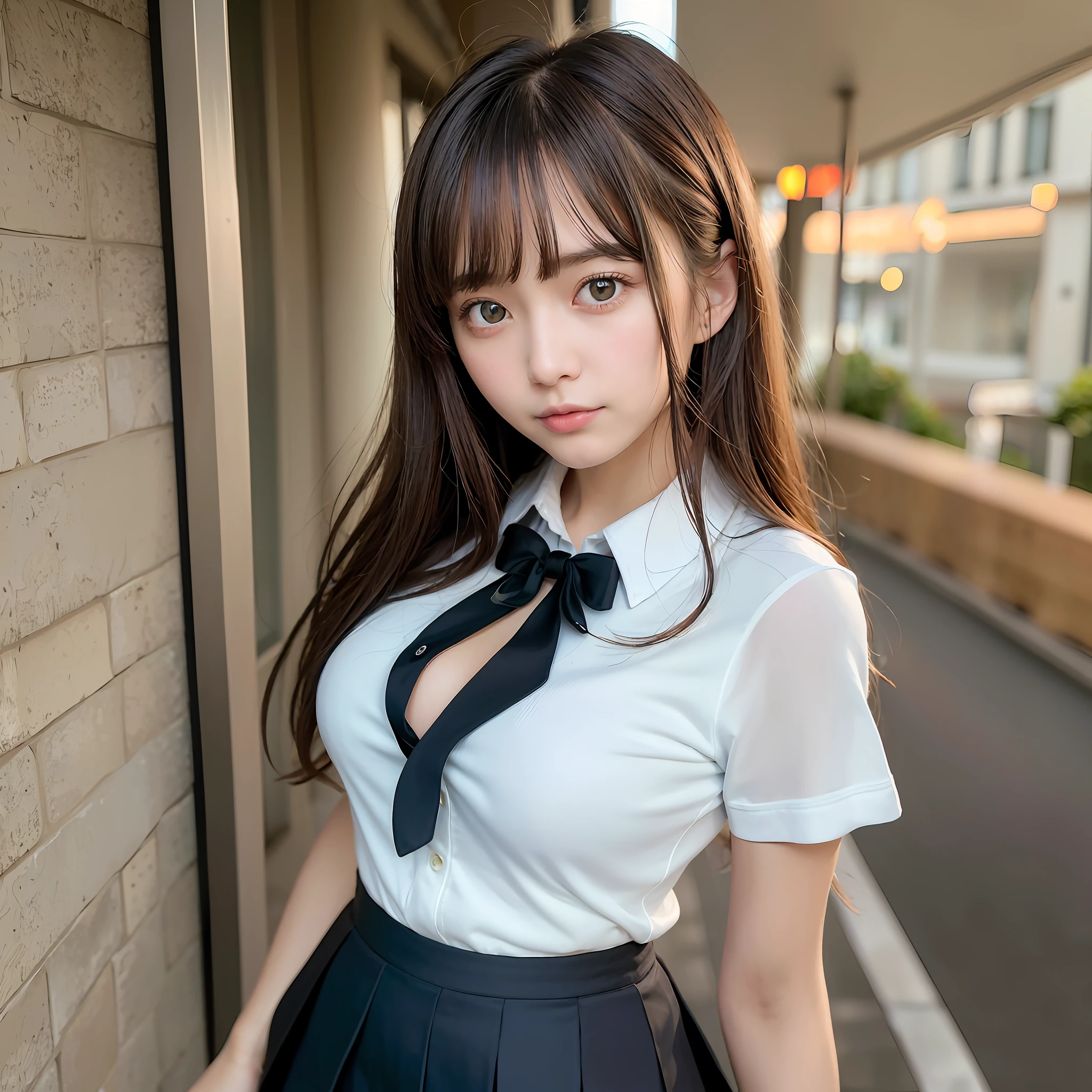 8K, Top Quality, Real Image, Complex Detail, Ultra Detail, Ultra High Definition, Depth Field,(Photorealistic,Real:1.2),Masterpiece, 0.25 :: Close Up , Straight On Shot , Middle Out ,
One girl, ai_chan, very beautiful -yeld gi innocent big eyes, (Brown_SHORT_hair), (GREEN_eyes: 1.0), (bangs), disheveled hair, (hair clip), perfect shiny skin, perfect skin, fair skin, medium breasts, slender, cleavage, thin waist, light blush, solo, looking at the viewer, light smile,
wear ((school_uniform), (white_skirt), (BLUE_Long_Tie), (BLUE_pleated_skirt), (Black_pantyhose): 1.2),
(Gravure Pose: 1.1),
sunset
Japan High School ,Full Body