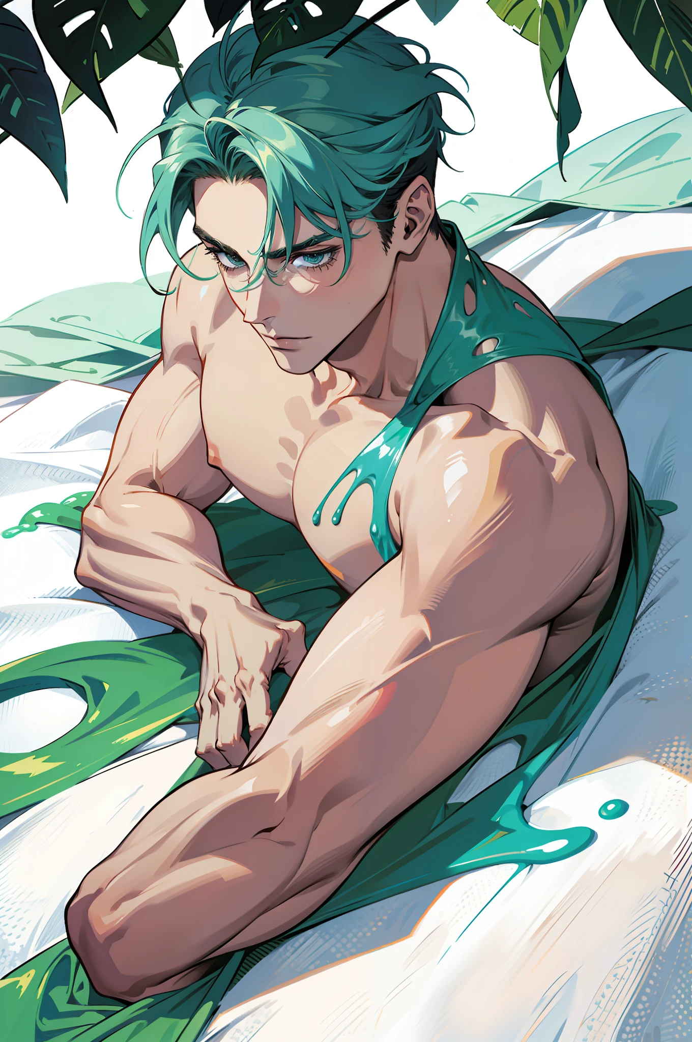 2 Tall muscle guy , 20 years old , lying on white bed sheet , green clear slime, naked  , relaxed face , blue eyes , full body,