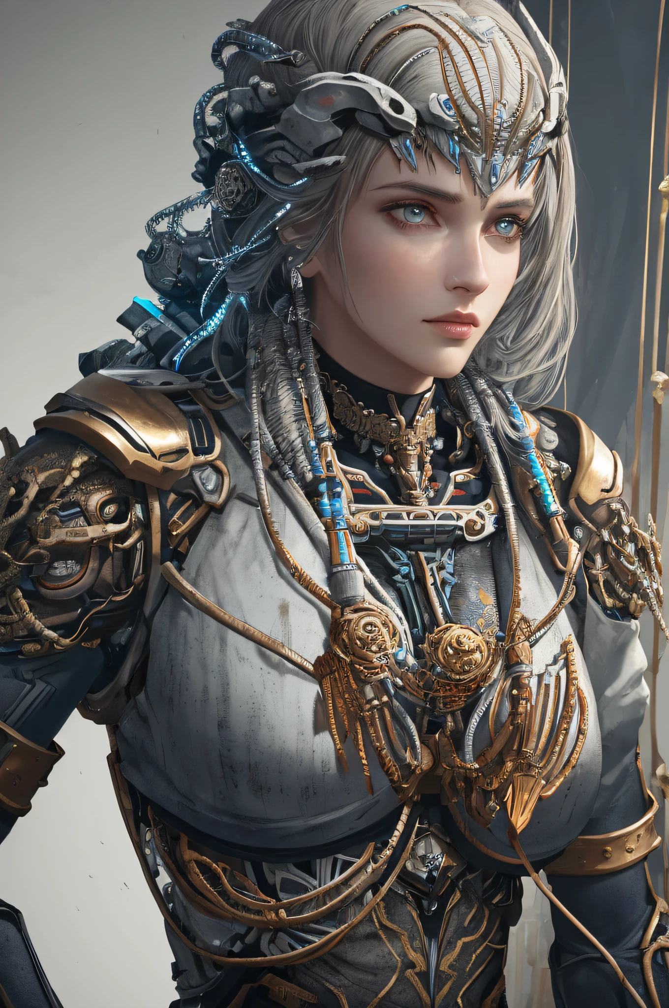 1mechanical girl,((ultra realistic details)), portrait, global illumination, shadows, octane render, 8k, ultra sharp,metal,intricate, ornaments detailed, cold colors, egypician detail, highly intricate details, realistic light, trending on cgsociety, glowing eyes, facing camera, neon details, machanical limbs,blood vessels connected to tubes,mechanical vertebra attaching to back,mechanical cervial attaching to neck,sitting,wires and cables connecting to head