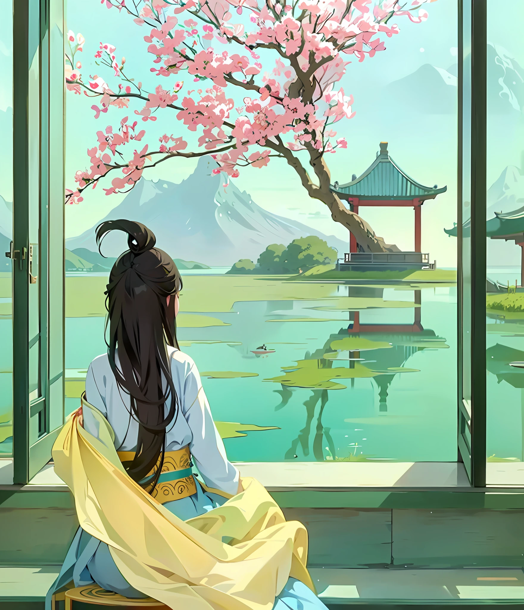 Drawing a woman sitting in front of a window looking out of the lake, anime beautiful peace scene, palace, girl in Hanbok, beautiful anime scene, drawn in anime painter studio, inspired by Xie Shichen, serene illustration, inspired by Akien Uemura, inspired by Ryuki, Japanese painting, high quality lighting