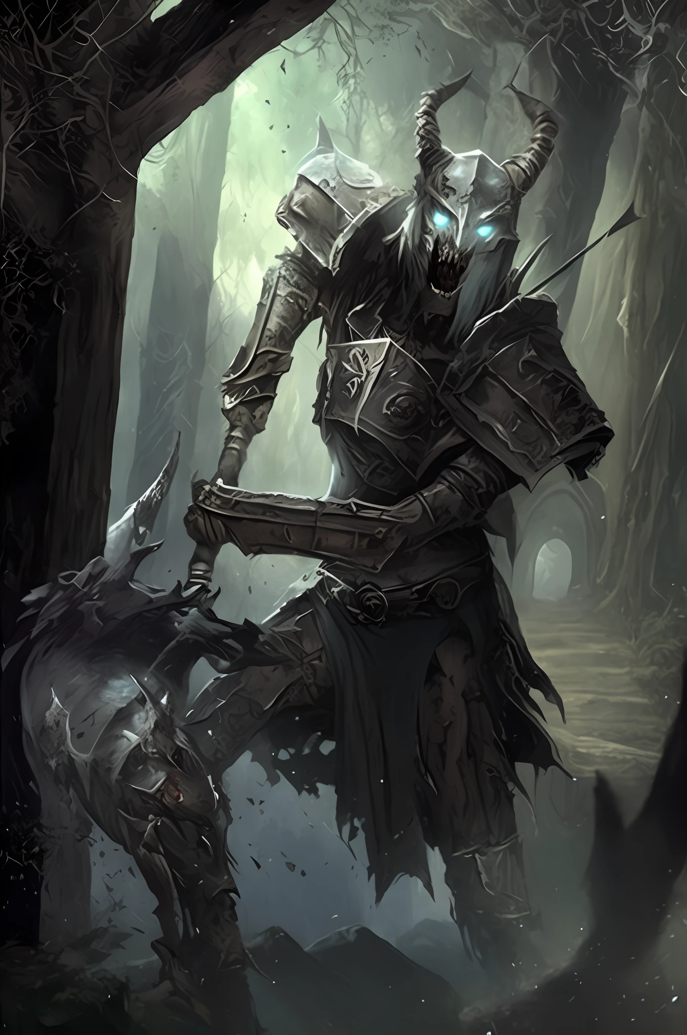 there is a man with a horned head and a horned body holding a sword, undead knight, dark fantasy style art, tyler edlin fantasy art, epic fantasy illustration, epic fantasy card game art, dark fantasy concept art, epic fantasy character art, fantasy card game art, scary knight, dark fantasy art, fantasy game art, dark fantasy artwork