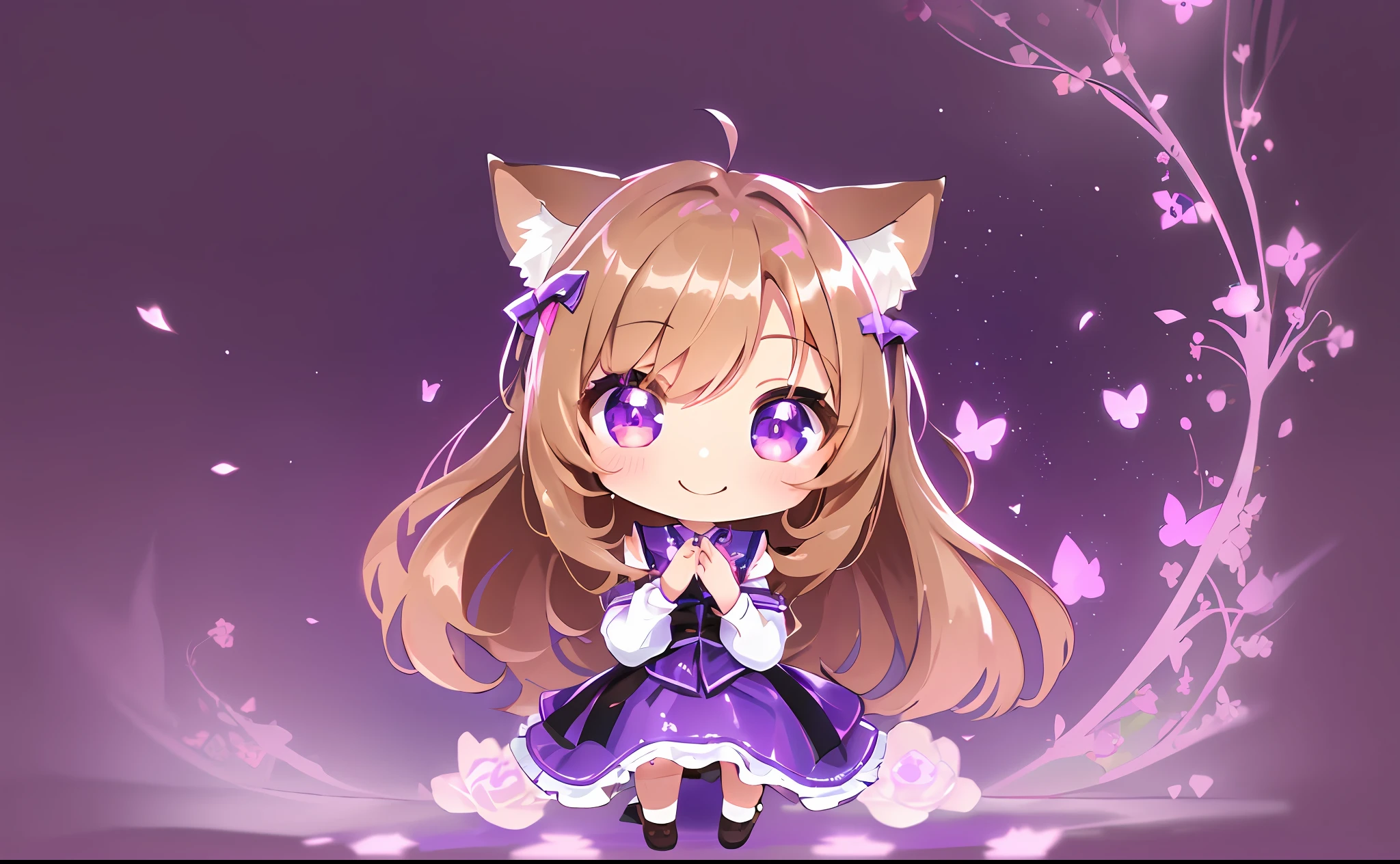 (Chibi Chibi: 1.3), Solo, full body, wearing shiny purple maid clothes, highly detailed face, (smile: 1.3), lively, (gravure pose: 1.4), beautiful detailed eyes, looking up, (eye to eye), light brown long hair, cat ears, neon, masterpiece, top quality, highly detailed 8k wallpaper