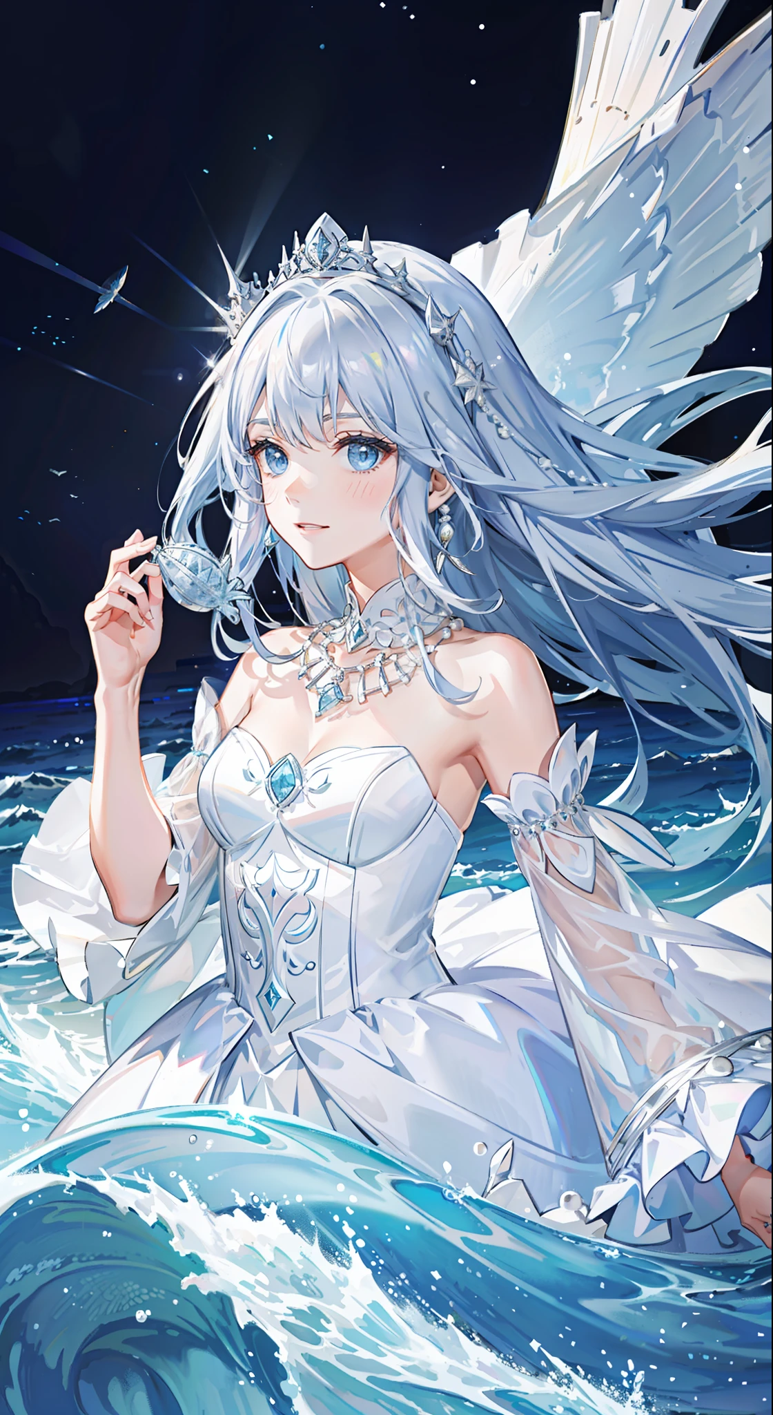 ((Best picture quality, best, girl), (dress, white crown, necklace, pearls, accessories AND intricate details strapless), (one person, ocean, waves, sea, fish, boat#on board), ((blue Color: 1.3, sea blue, long hair, blue eyes): 1.2), headgear: 1.2, neon mystery, fantasy: 0.8, [movie lens, strong light and shadow: 1.2, glow effect])]