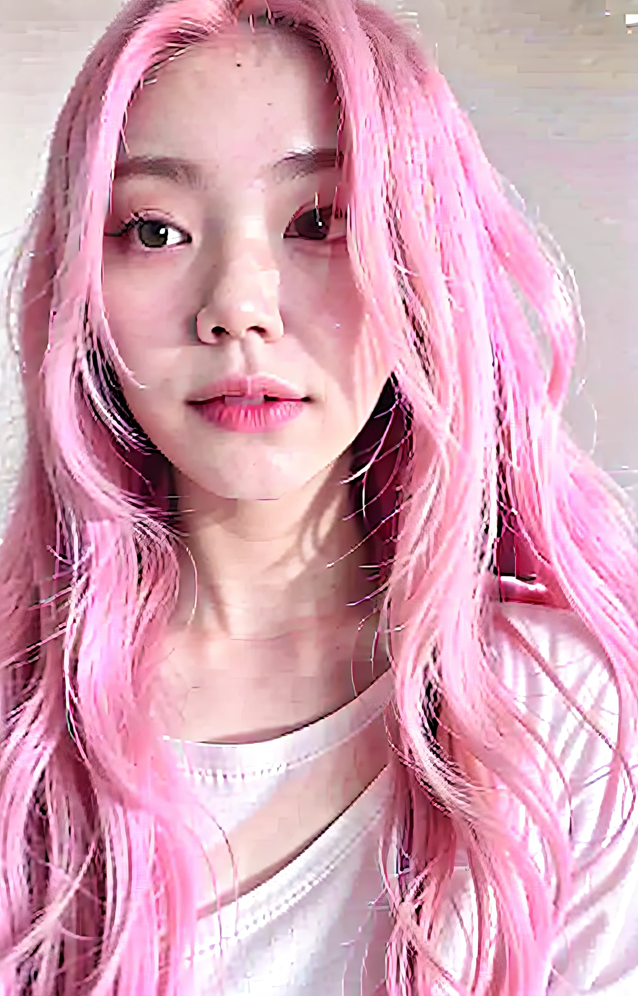 a close up of a person with pink hair and a white shirt, with pink hair, ulzzang, pastel pink skin tone, smooth pink skin, pink straight hair, inspired by Yanjun Cheng, sun yunjoo, light pink hair, belle delphine, flowing pink hair, jossi of blackpink, popular south korean makeup, pink pastel, with index finger